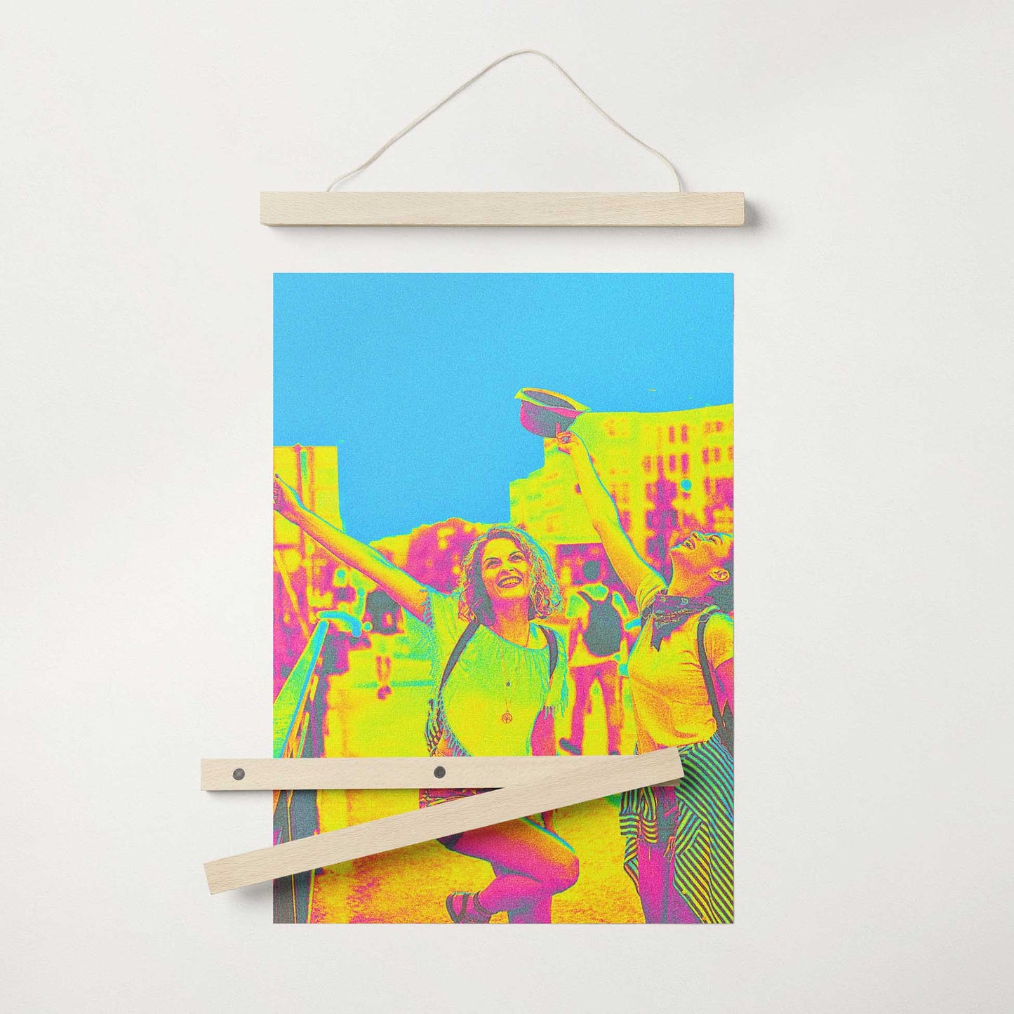 Elevate your space with our Personalised Acid Trip Poster Hanger. Featuring bold colors such as blue, pink, green, and yellow, this wall art embodies a cool and trendy vibe. Crafted on gallery-quality paper with a wooden magnetic frame
