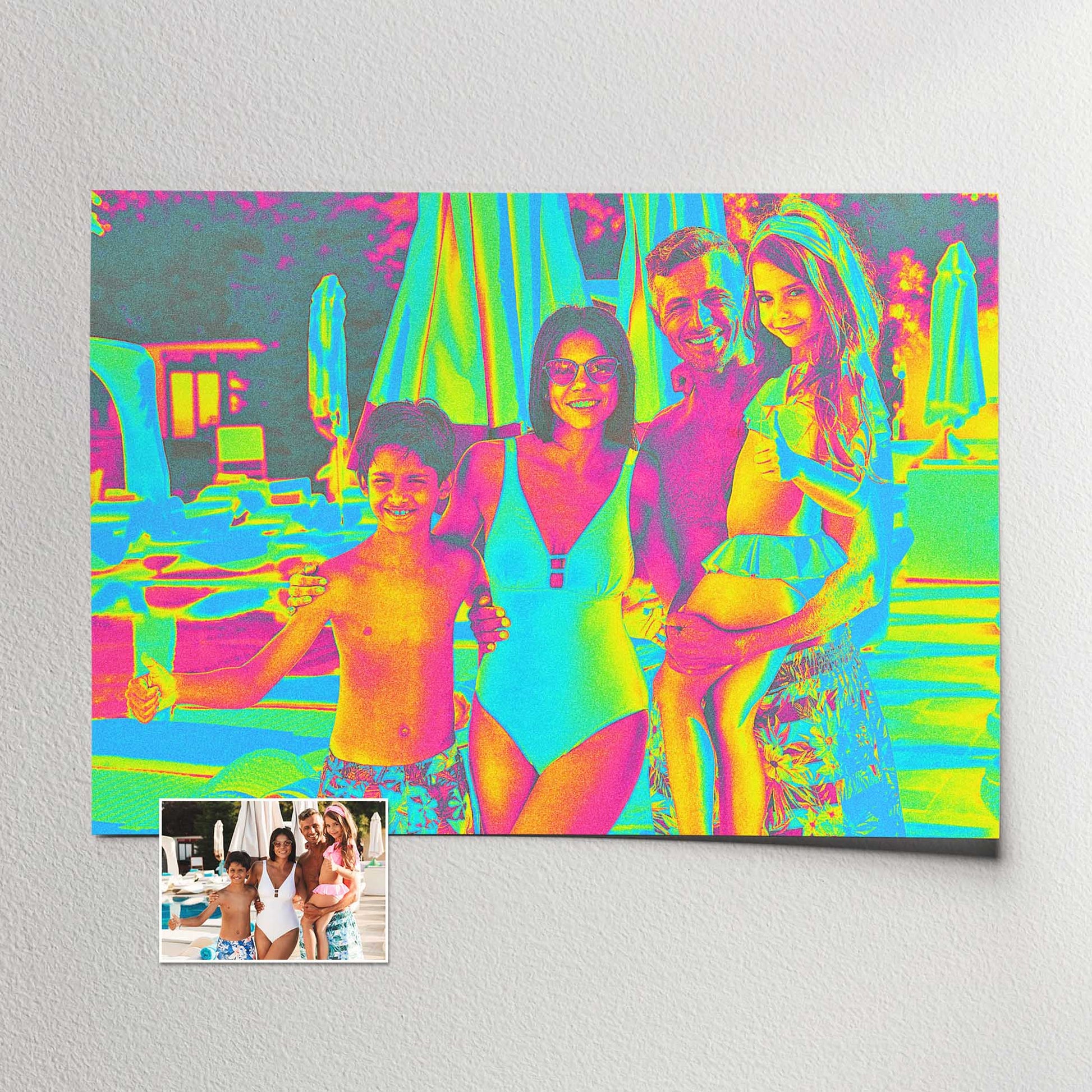 Transform your walls into a celebration of colors with our Personalised Acid Trip Print. Crafted from your photo, this neon-colored masterpiece boasts a vibrant mix of yellow, green, pink, and blue tones