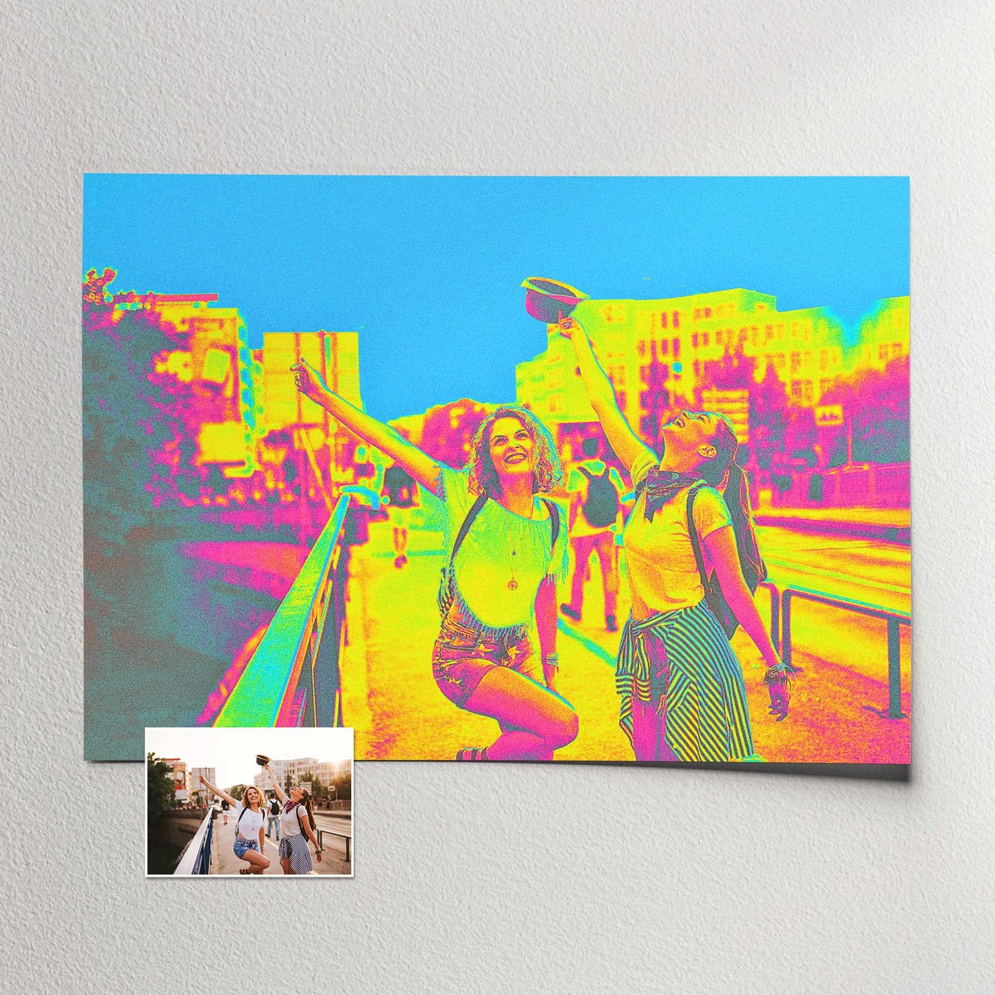 Brighten up your space with our Personalised Acid Trip Print. Printed from your photo, it showcases a neon color effect with striking yellow, green, pink, and blue hues. Its cool and vibrant presence adds a burst of energy and creativity