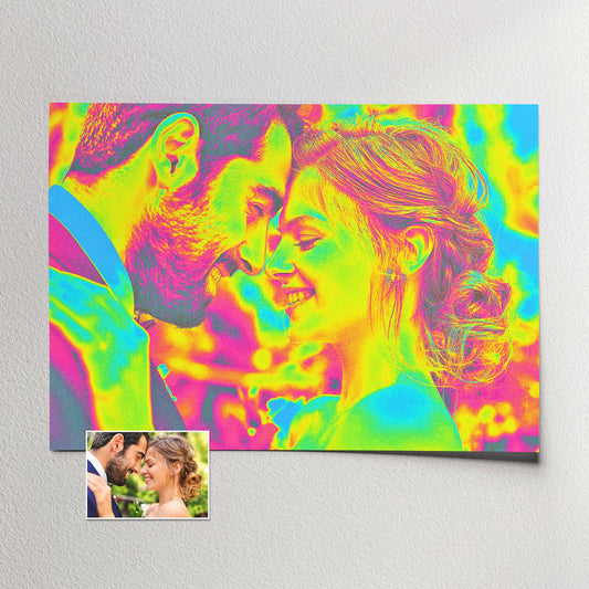 Experience an electrifying journey with our Personalised Acid Trip Print. Created from your photo, this vibrant neon-colored artwork mesmerizes with its yellow, green, pink, and blue hues. Its cool and unique design adds a burst of creativity