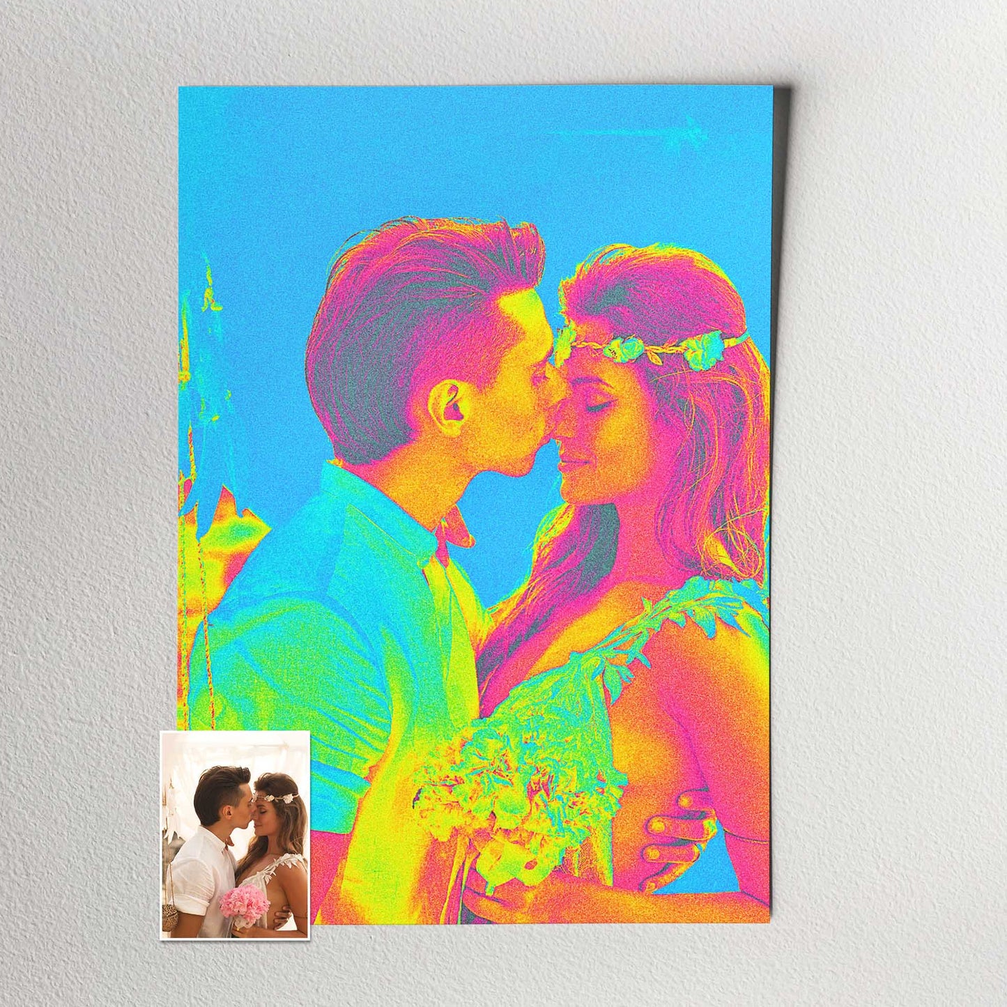 Indulge in the vivid beauty of our Personalised Acid Trip Print. Crafted from your photo, it showcases a neon color effect, with hues of yellow, green, pink, and blue blending harmoniously, cool and vibrant wall art 