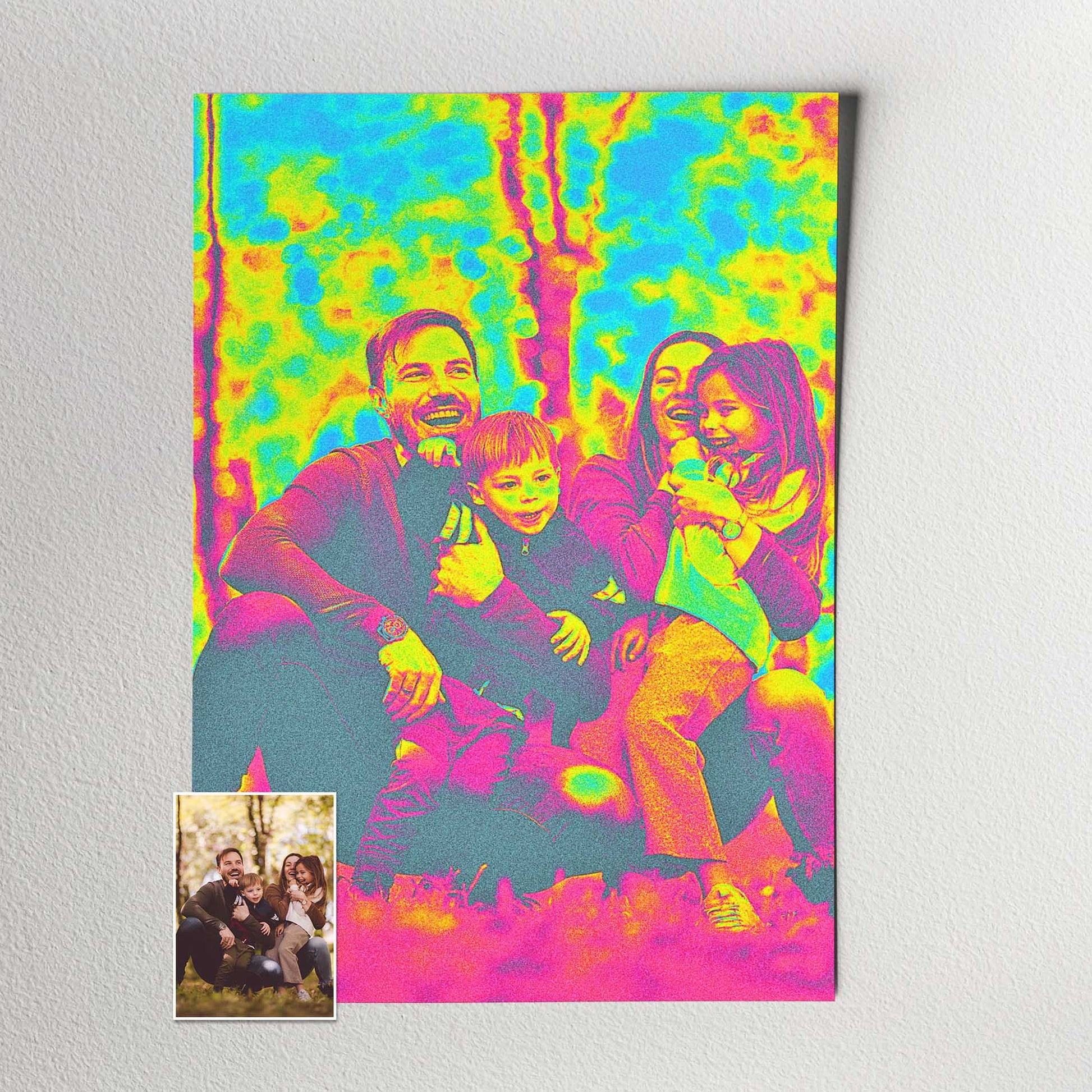 Step into a world of vibrant imagination with our Personalised Acid Trip Print. Created from your photo, it features a mesmerizing neon color effect, combining yellow, green, pink, and blue hues in a captivating display