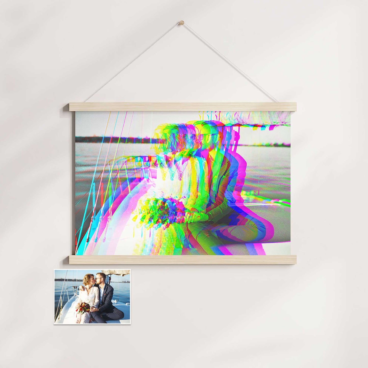 Elevate your interior with the Personalised Anaglyph 3D Poster Hanger. This eye-catching wall art boasts a mesmerizing 3D effect, blending vibrant purple and green hues for a visually striking display. Its sleek and minimalist design