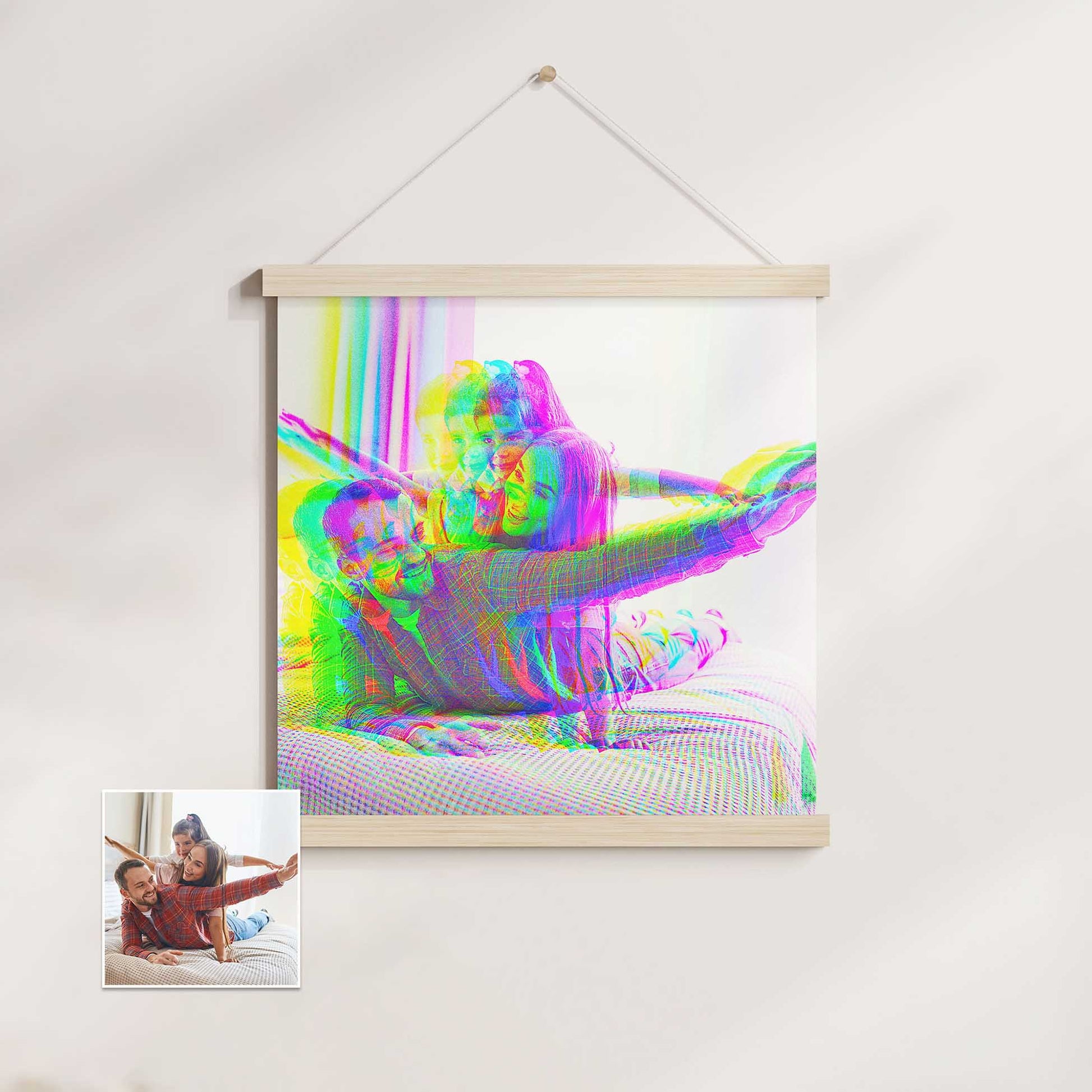 Add a touch of artistic flair to your space with the Personalised Anaglyph 3D Poster Hanger. This unique wall art showcases your favorite photos with a stunning 3D effect, enhanced by the beautiful purple and green hues