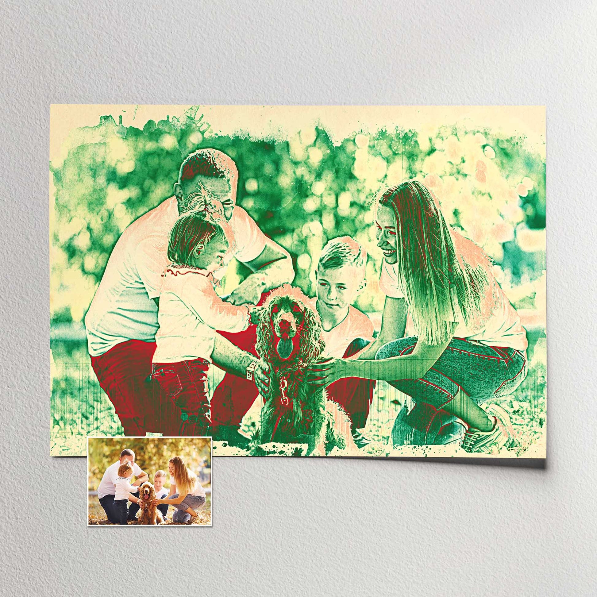 Elevate your home decor with the enchanting allure of our Personalised Green & Red Watercolor Print. This custom-made artwork, painted from your photo, captures the realistic watercolor style with green and red hues that evoke a sense of comfort
