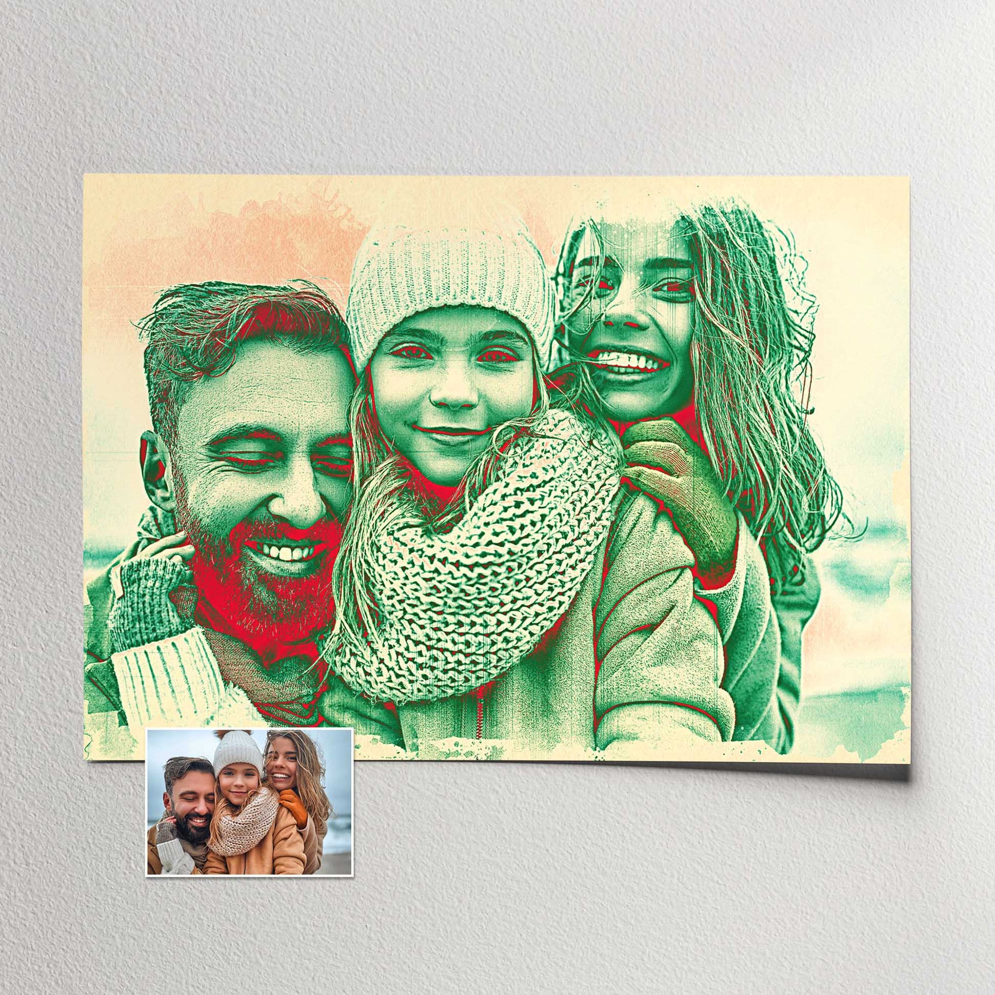 Immerse yourself in the artistic beauty of our Personalised Green & Red Watercolor Print. This custom-made artwork, skillfully painted from your photo, embraces the realistic watercolor style, showcasing a mesmerizing blend of green and red