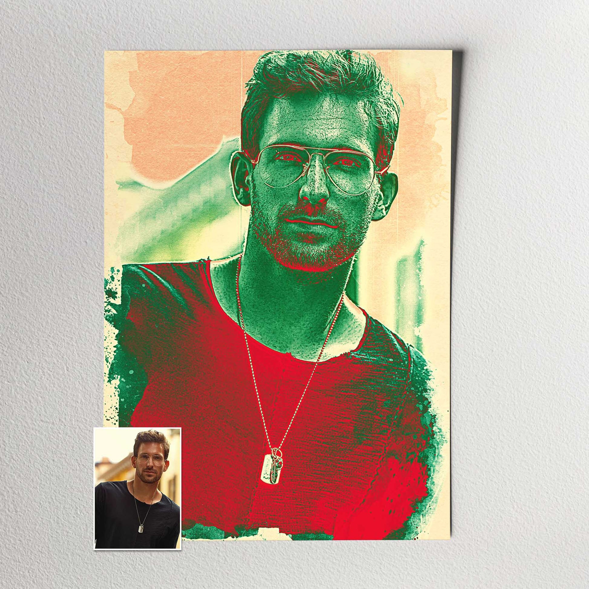 Experience the enchantment of our Personalised Green & Red Watercolor Print. This bespoke artwork, created from your photo, captures the essence of realistic watercolor with its stunning green and red hues