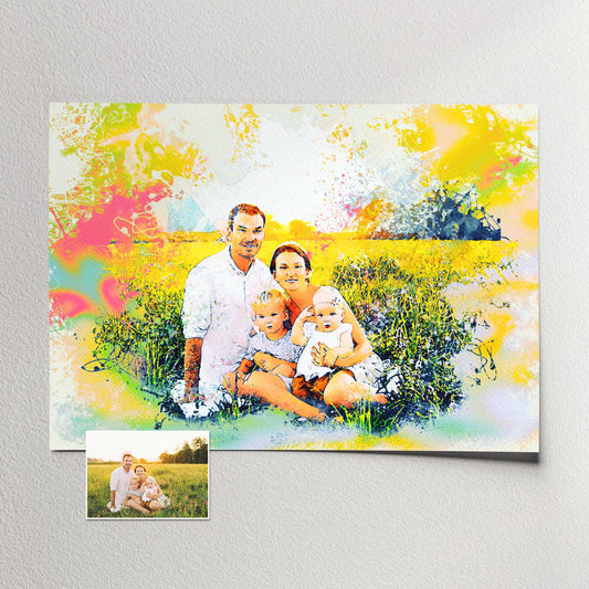Transform your cherished memories into a Personalised Watercolor Splash Print! This vibrant masterpiece captures the joy and energy of your special moments with a classic watercolor style. It's the perfect gallery-quality wall art 