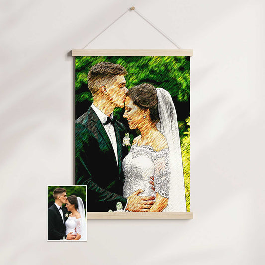 Introducing our Personalised Artsy Illustration Poster Hanger: Transform any photo into a mesmerizing pencil-effect artwork. With vibrant colors and vivid details, this unique creation captures the essence of your memories