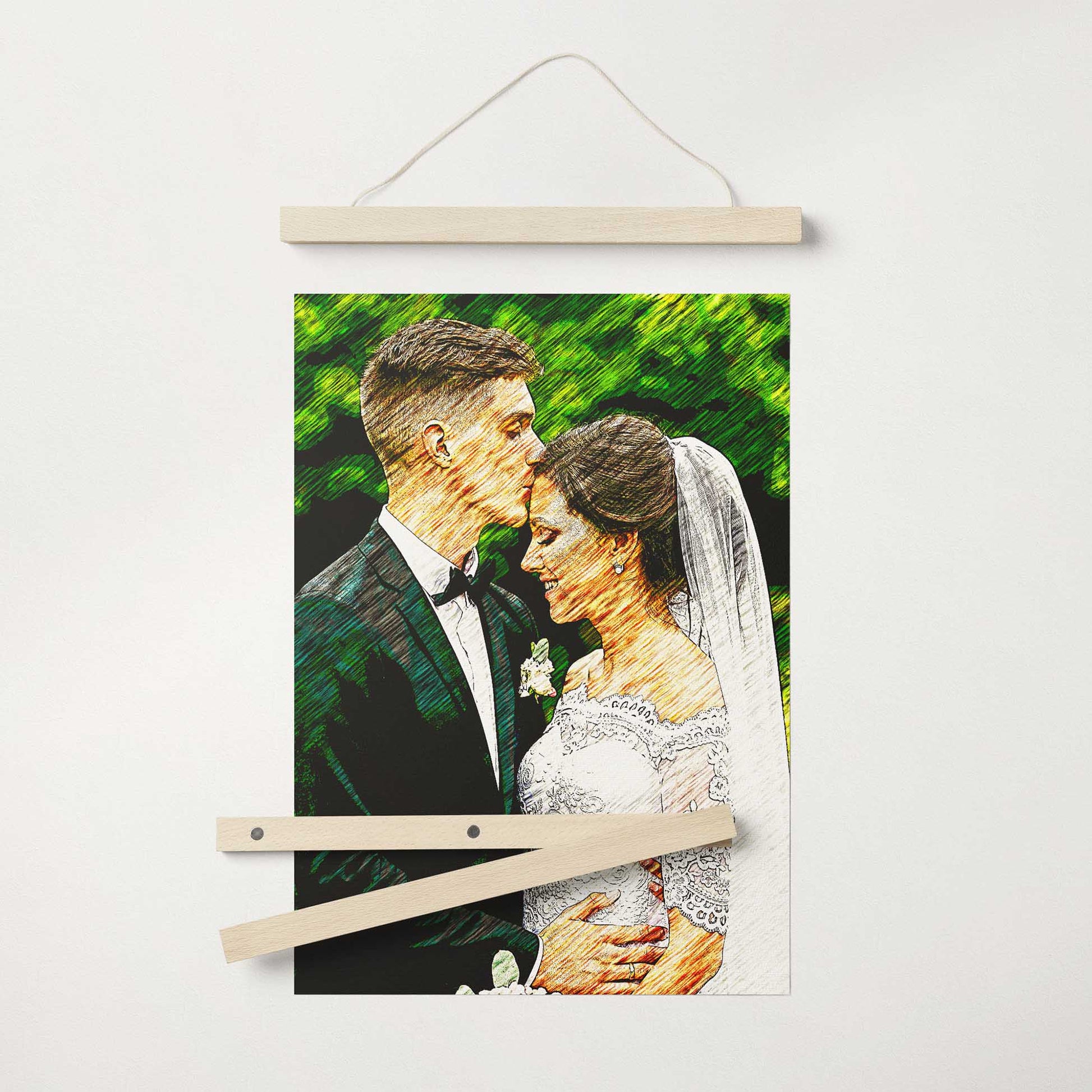 Immerse yourself in the world of fine art with our Personalised Artsy Illustration Poster Hanger. Experience the magic as your photo is transformed into a captivating masterpiece. The vivid colors, unique pencil effect, and artistic details
