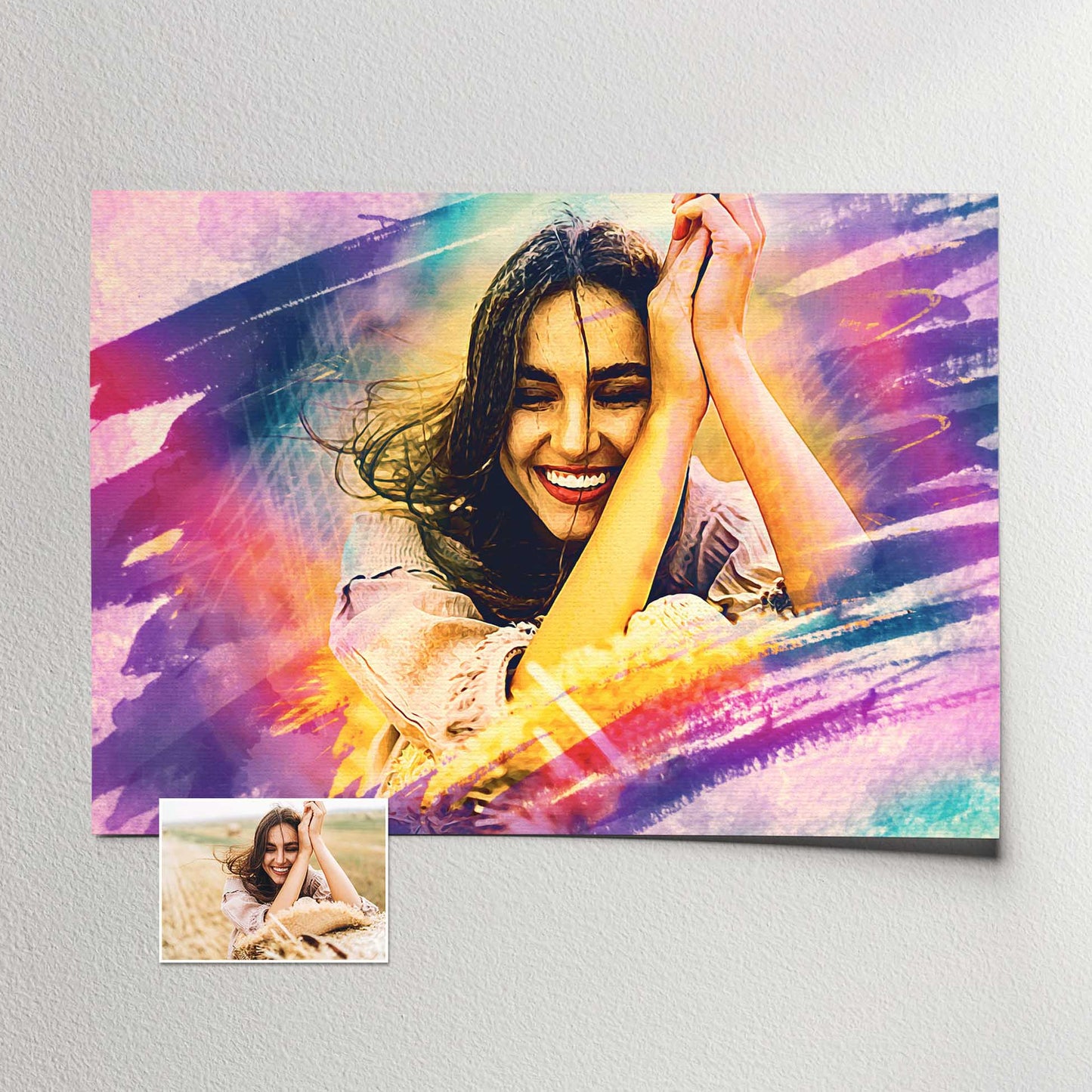 Elevate your walls with a Personalised Brush Painting Print, transforming your photo into a captivating watercolor style masterpiece with a mesmerizing brushstroke effect. The vibrant purple, pink, and blue hues bring a trendy and cool print