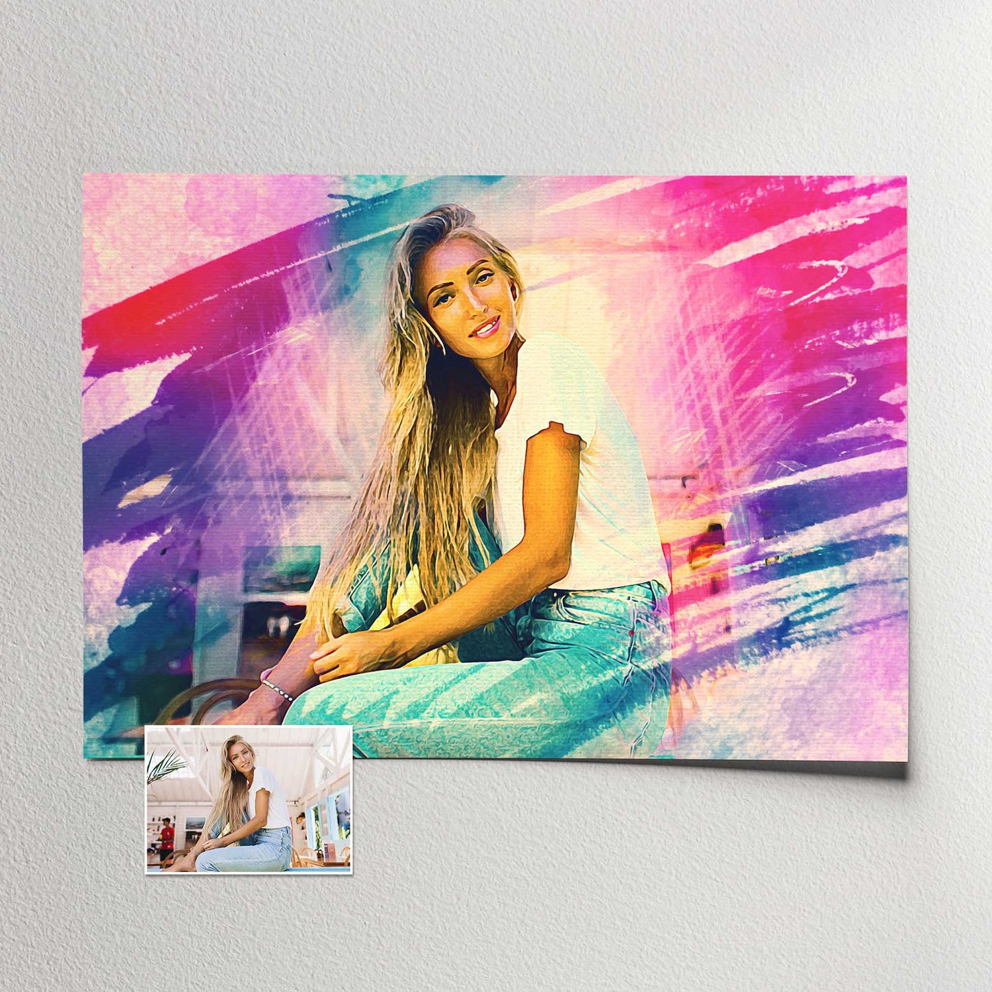 Immerse yourself in the beauty of a Personalised Brush Painting Print, where your photo is transformed into a stunning watercolor style artwork with a mesmerizing brushstroke effect. The captivating purple, pink, and blue hues 