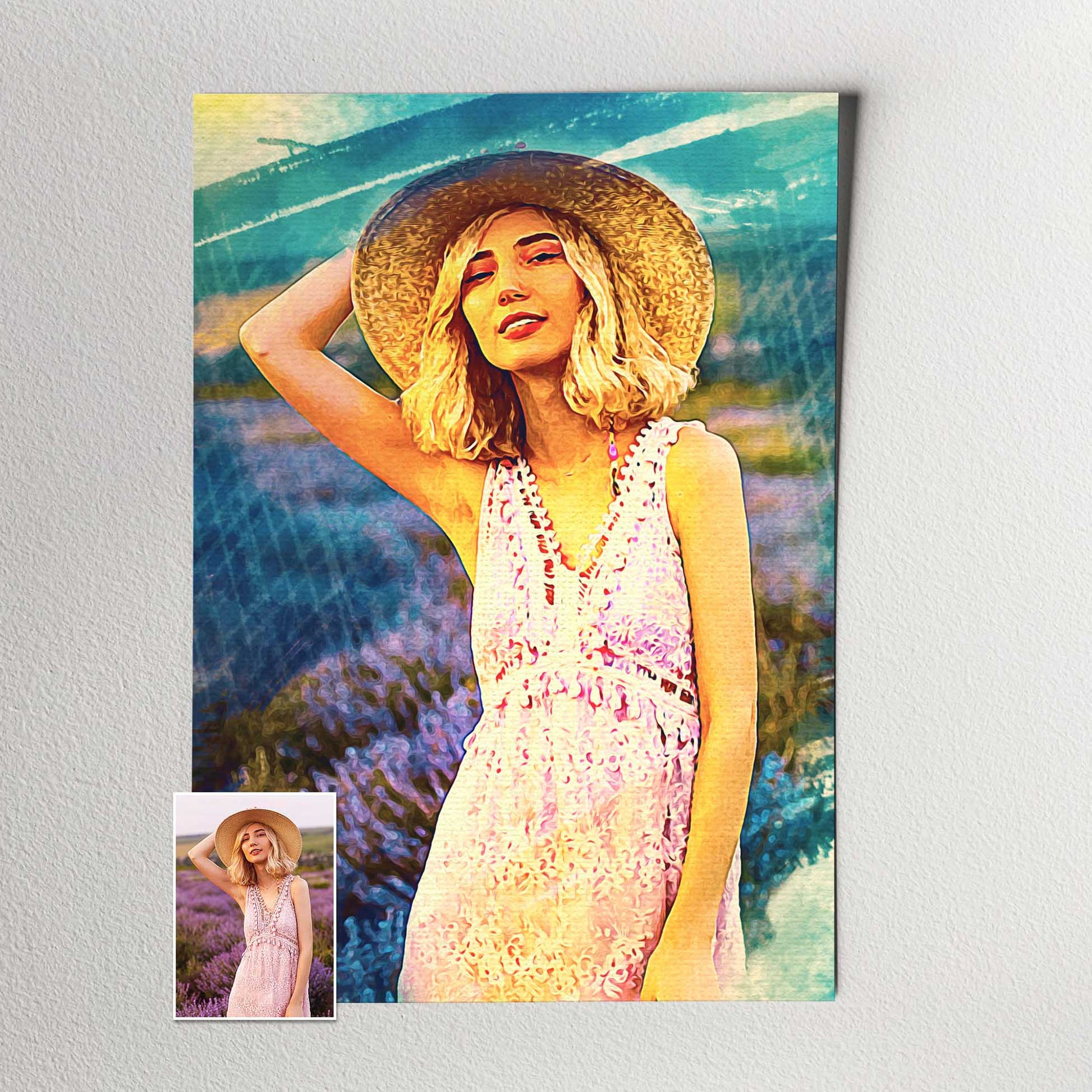 Experience the magic of a Personalised Brush Painting Print, where your photo comes to life in a beautiful watercolor style with a mesmerizing brushstroke effect. The enchanting purple, pink, and blue hues create a trendy and cool print