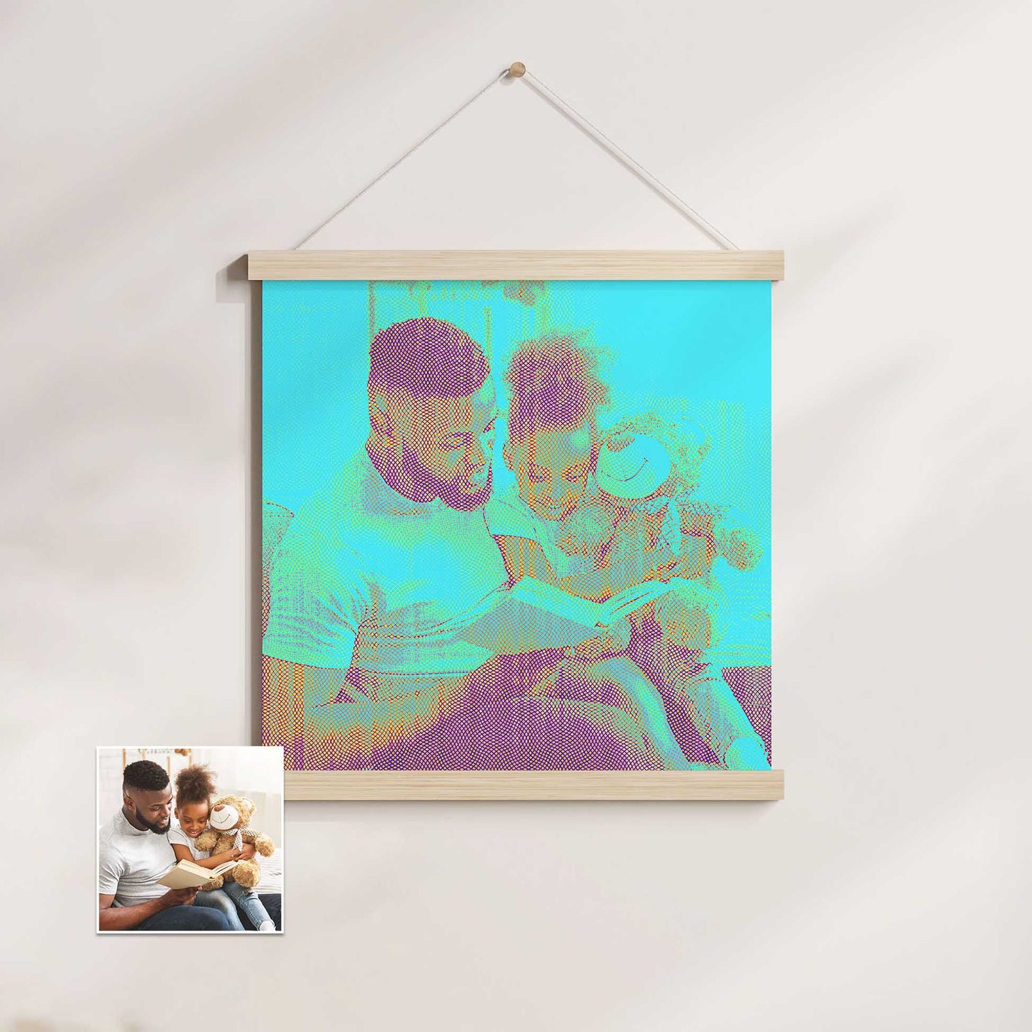 Experience the magic of our Personalised Blue Engraved Poster Hanger. Your cherished photo is transformed into a work of art with an engraved effect and vibrant blue and purple hues. This cool and creative design idea adds a unique touch to home decor