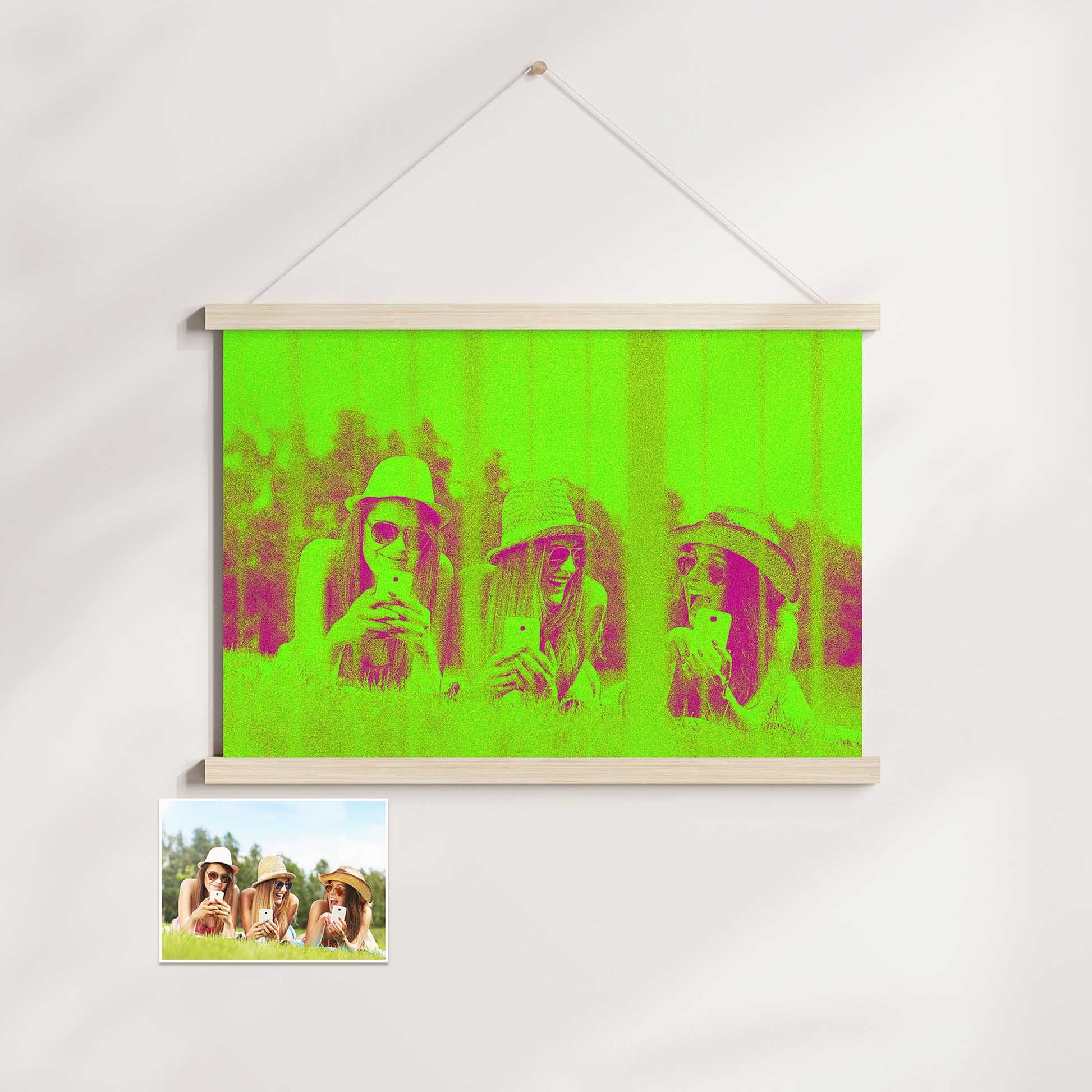 Experience the electrifying charm of our Personalised Neon Green Poster Hanger. Printed from your photo, it showcases a vibrant and vivid neon green color that adds an exciting and happy atmosphere to your home decor