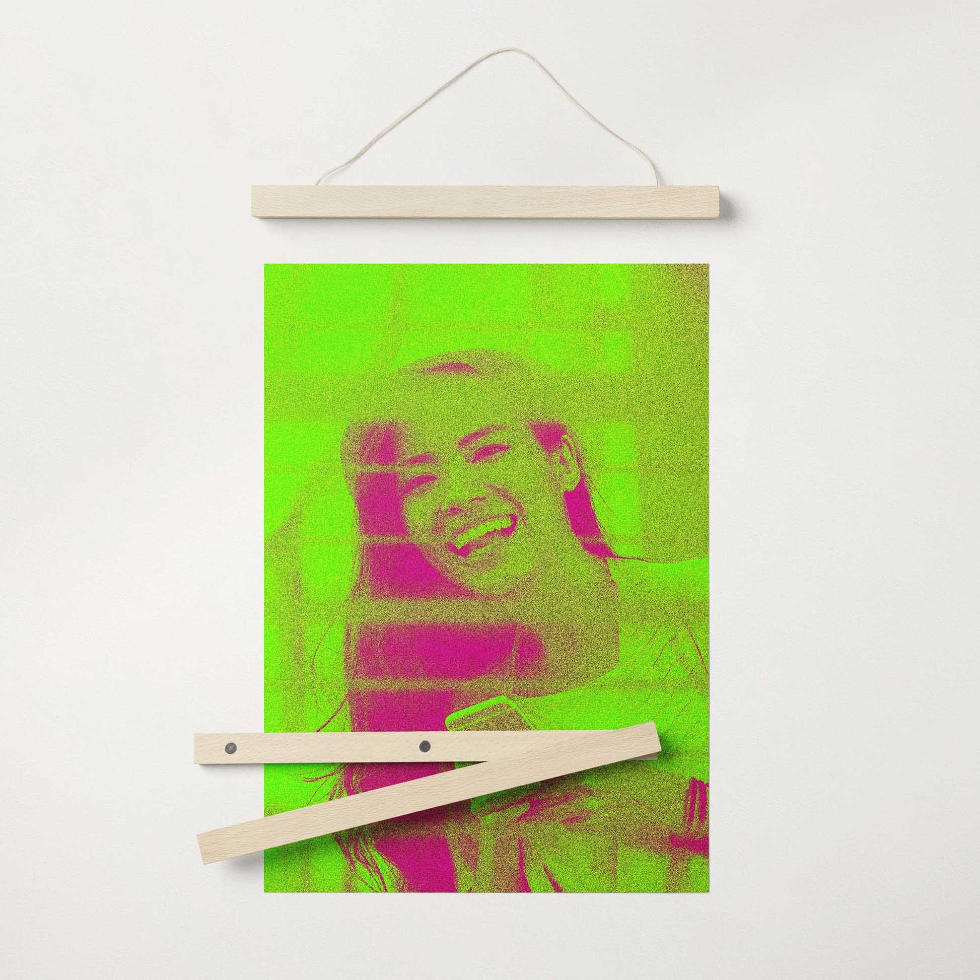 Unleash your creativity with our Personalised Neon Green Poster Hanger. The neon green color and cool texture make it an exciting and eye-catching addition to your home decor. Crafted on gallery paper and framed with a natural wood frame