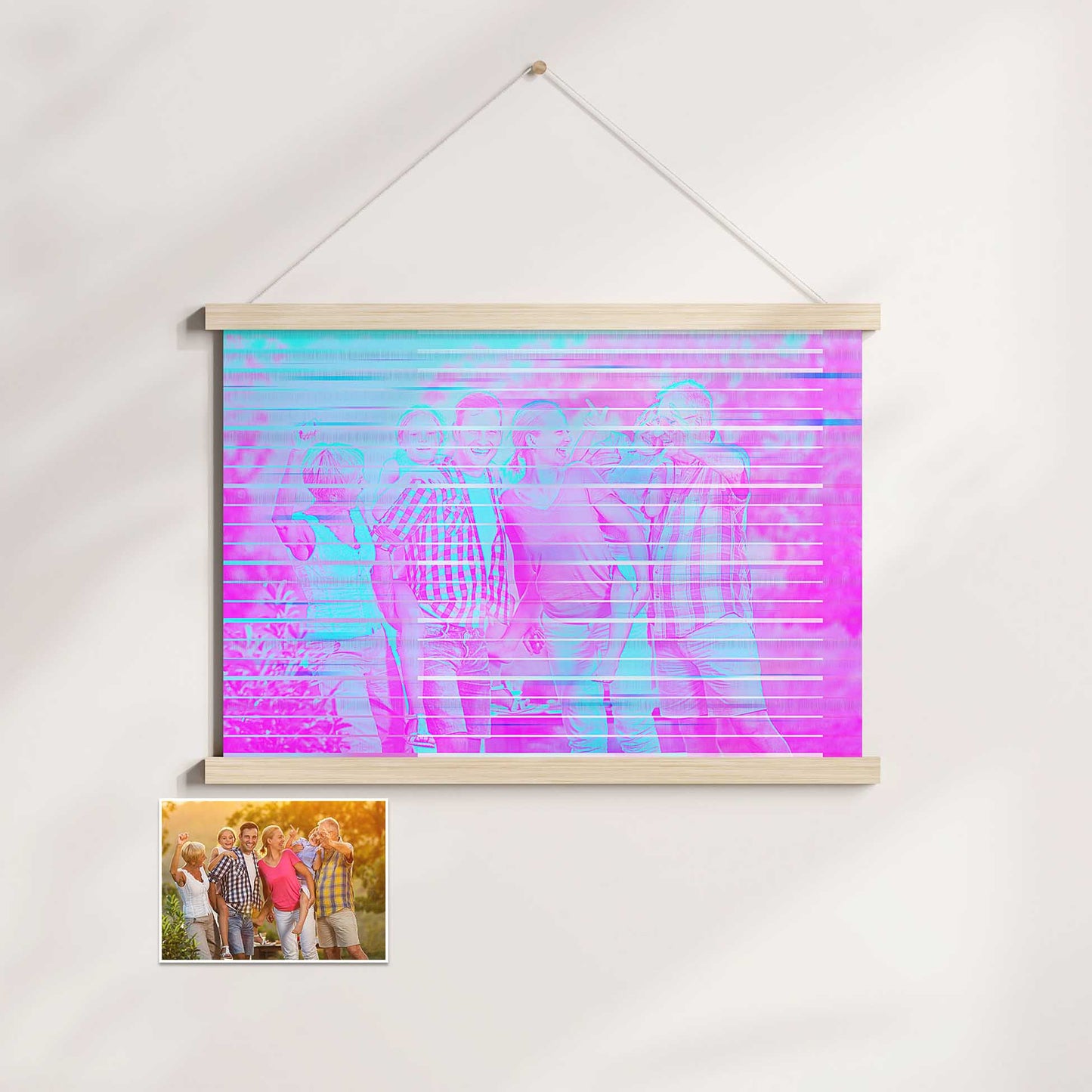 Make a statement with our Personalised Purple & Blue Poster Hanger. Printed from your photo, it showcases vivid purple and blue hues that capture attention. The modern filter effect adds a sharp and colorful touch, making it a standout print