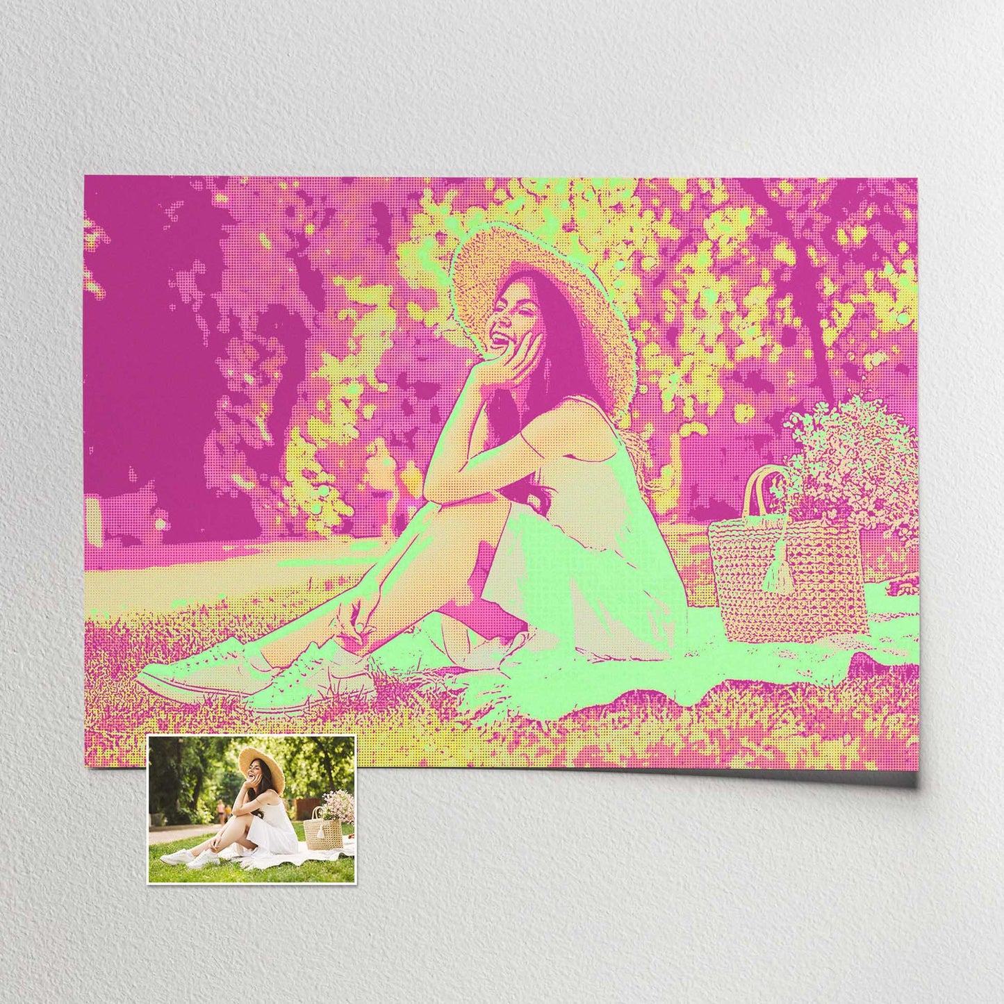 Funky and Artistic Pop Art Print: Transform your photo into a unique and eye-catching piece of wall art with this personalised green and pink pop art print. The halftone filter adds a cool and funky vibe