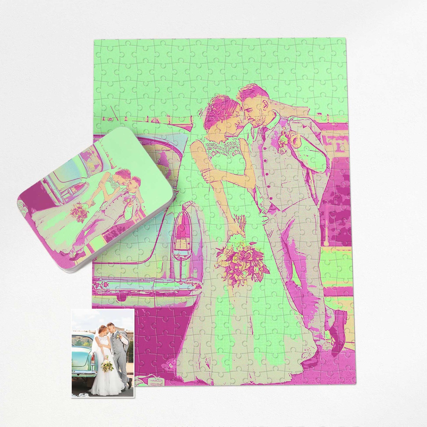 Celebrate with a Personalised Green & Pink Pop Art Jigsaw Puzzle. Cartoon from photo with pop art flair. Handmade and dye sublimation print bring vibrant green and pink colors. A unique, creative, and bright gift idea for friends and family