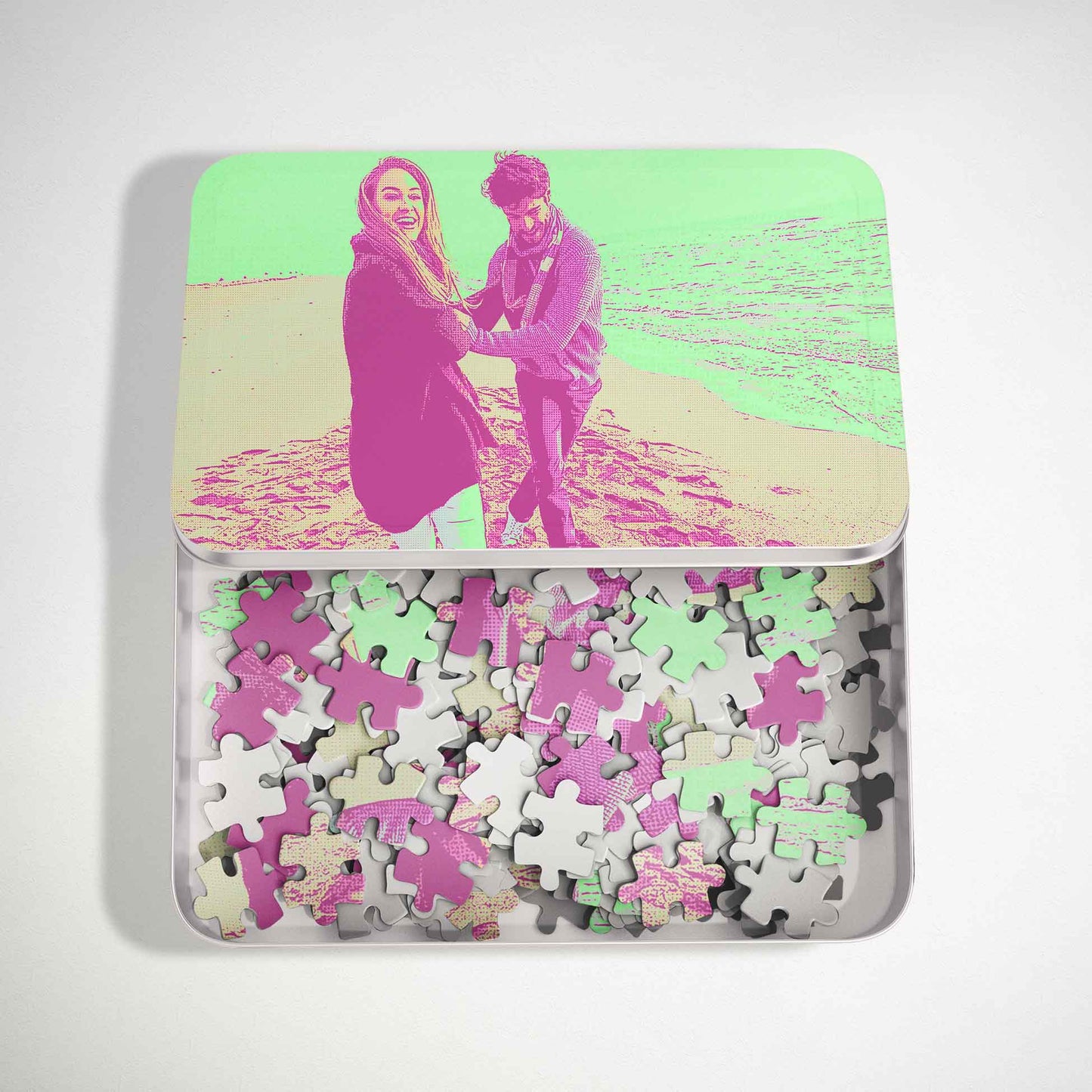 Unleash creativity with a Personalised Green & Pink Pop Art Jigsaw Puzzle. Cartoon from photo in a vibrant pop art style. Handmade with dye sublimation print. A unique, original, and bright gift for friends, family, anniversaries, and birthdays