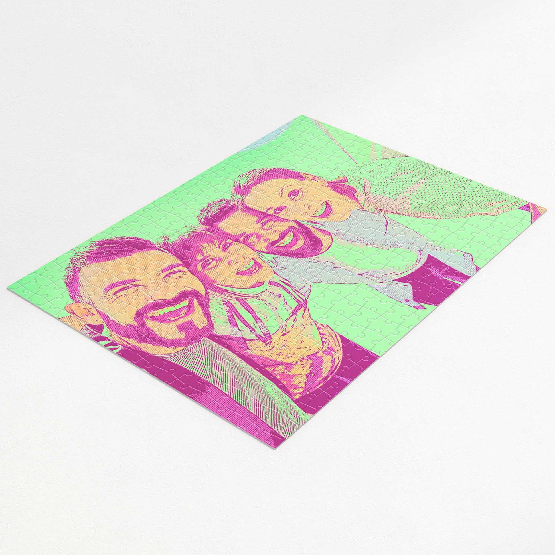 Surprise your loved ones with a Personalised Green & Pink Pop Art Jigsaw Puzzle. Cartoon from photo, pop art style, featuring vibrant green and pink colors. Handmade and dye sublimation print make it a unique and original gift 