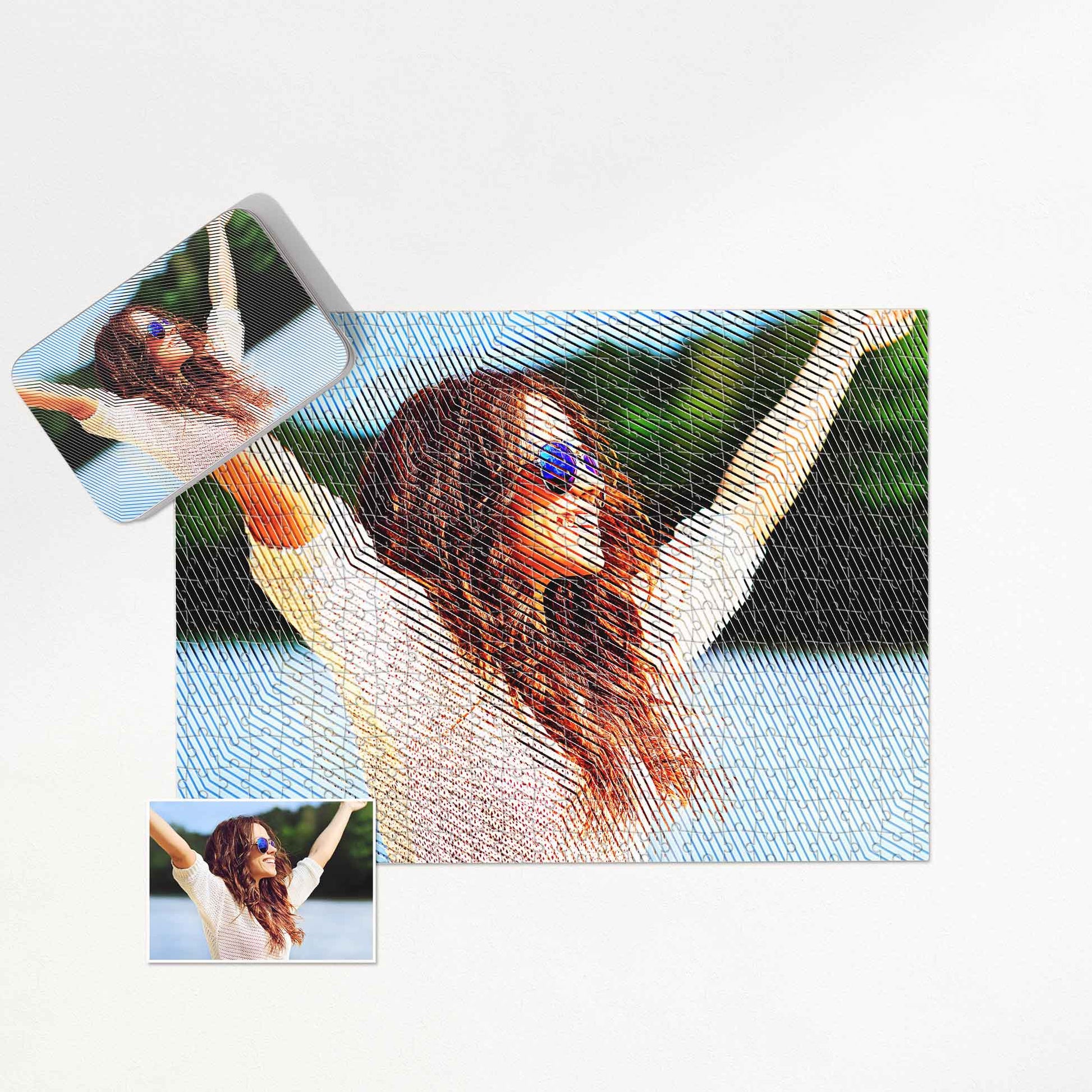 Capture memories with a Personalised Abstract Lines Jigsaw Puzzle. Print from photo in modern abstract style, featuring a vivid, sharp image. Handmade on wooden or cardboard pieces, this dynamic and imaginative puzzle makes a unique and elegant gift