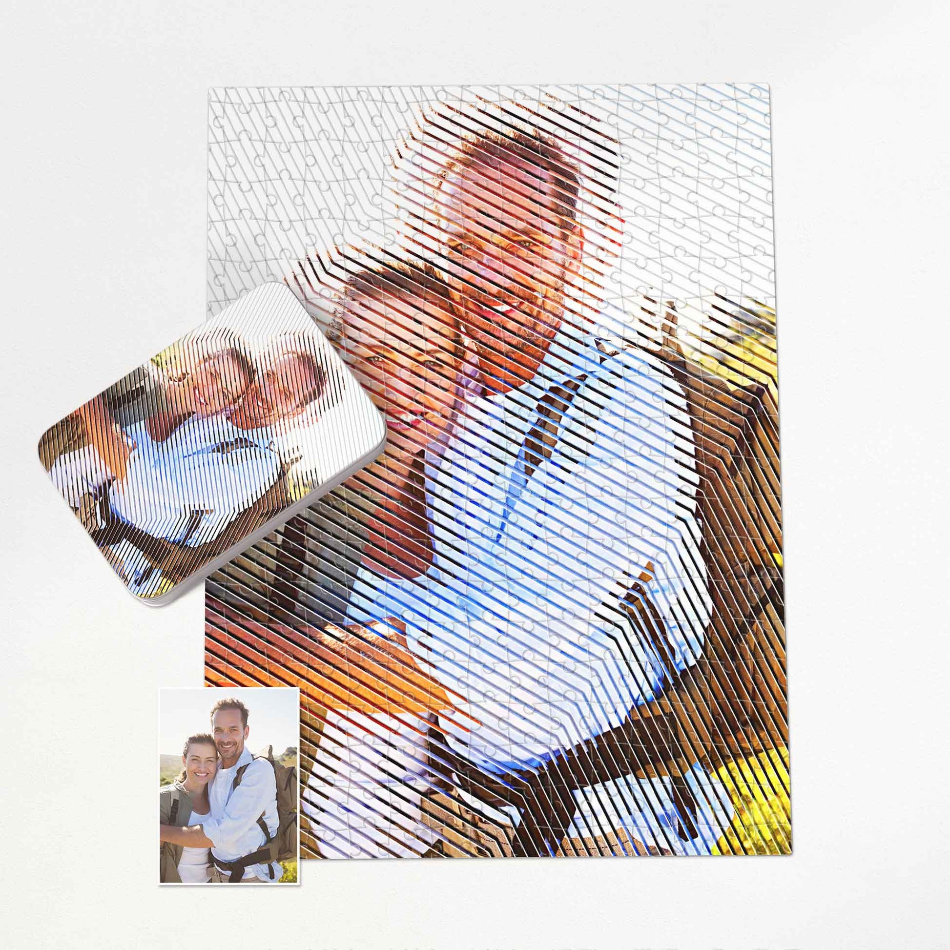 Personalised Abstract Lines Jigsaw Puzzle, featuring a modern abstract print from photo. The vivid, sharp image comes alive on handmade wooden or cardboard pieces, making it a cool and unique gift idea for celebrations and special occasions