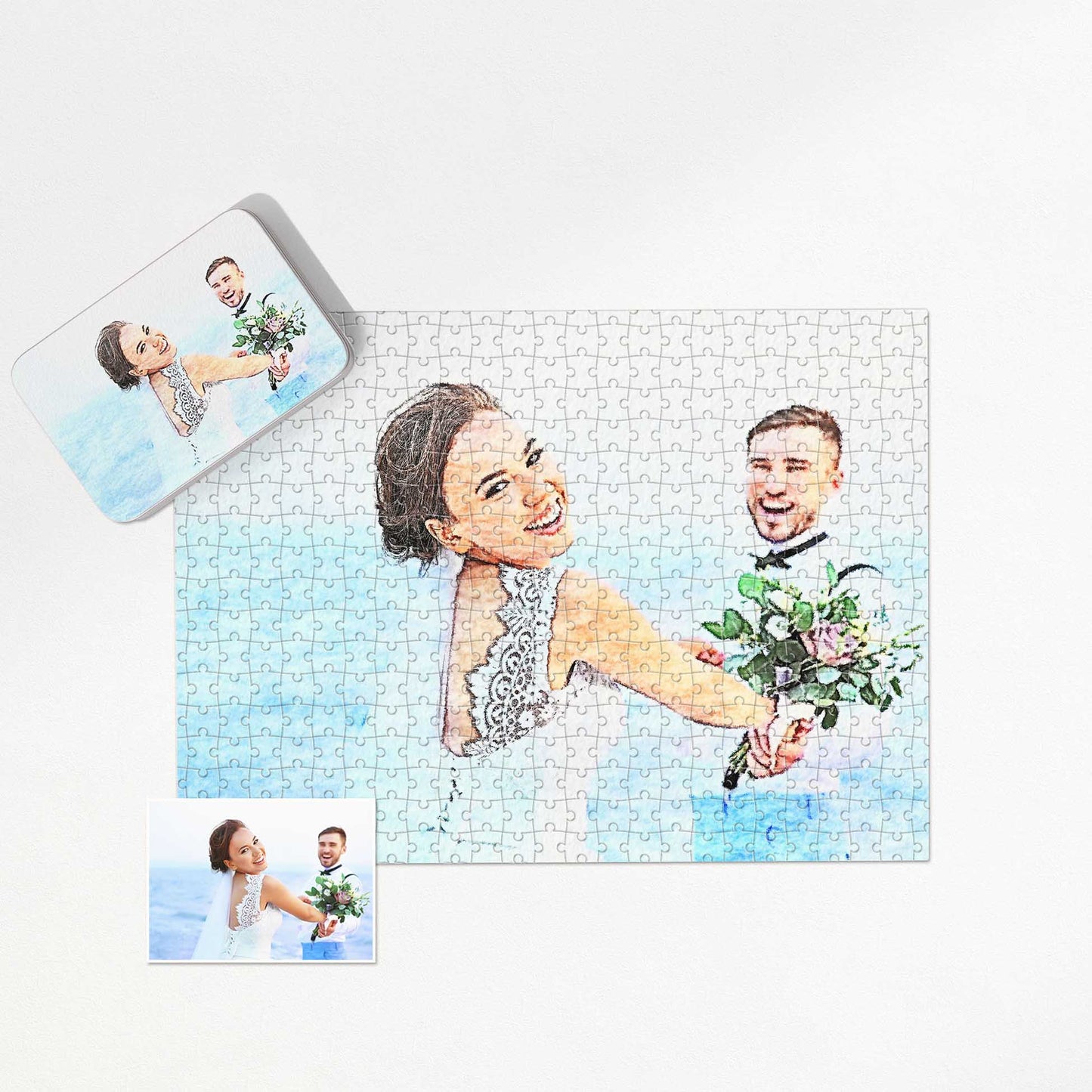 Transform photos into art with a Personalised Watercolor Jigsaw Puzzle painting. Enjoy the lively watercolour effect, vibrant colours, and handmade charm on wooden or cardboard pieces. This dye sublimation print evokes joy, delightful gift