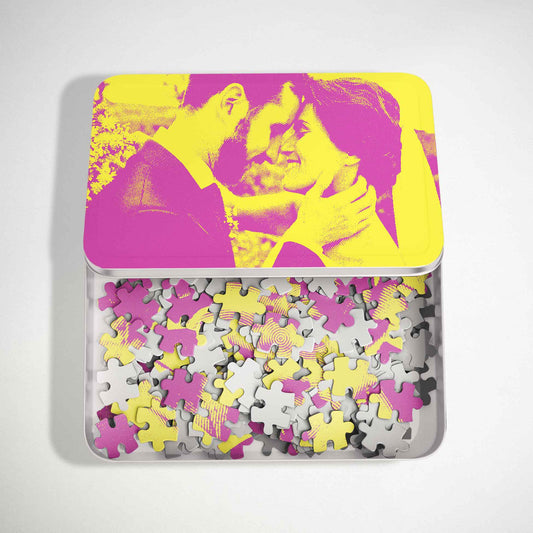 Celebrate with a Personalised Yellow & Pink Texture Jigsaw Puzzle. Print from photo in abstract style, featuring cool yellow and pink hues. Handmade with precision, it's a creative and original gift that brings art