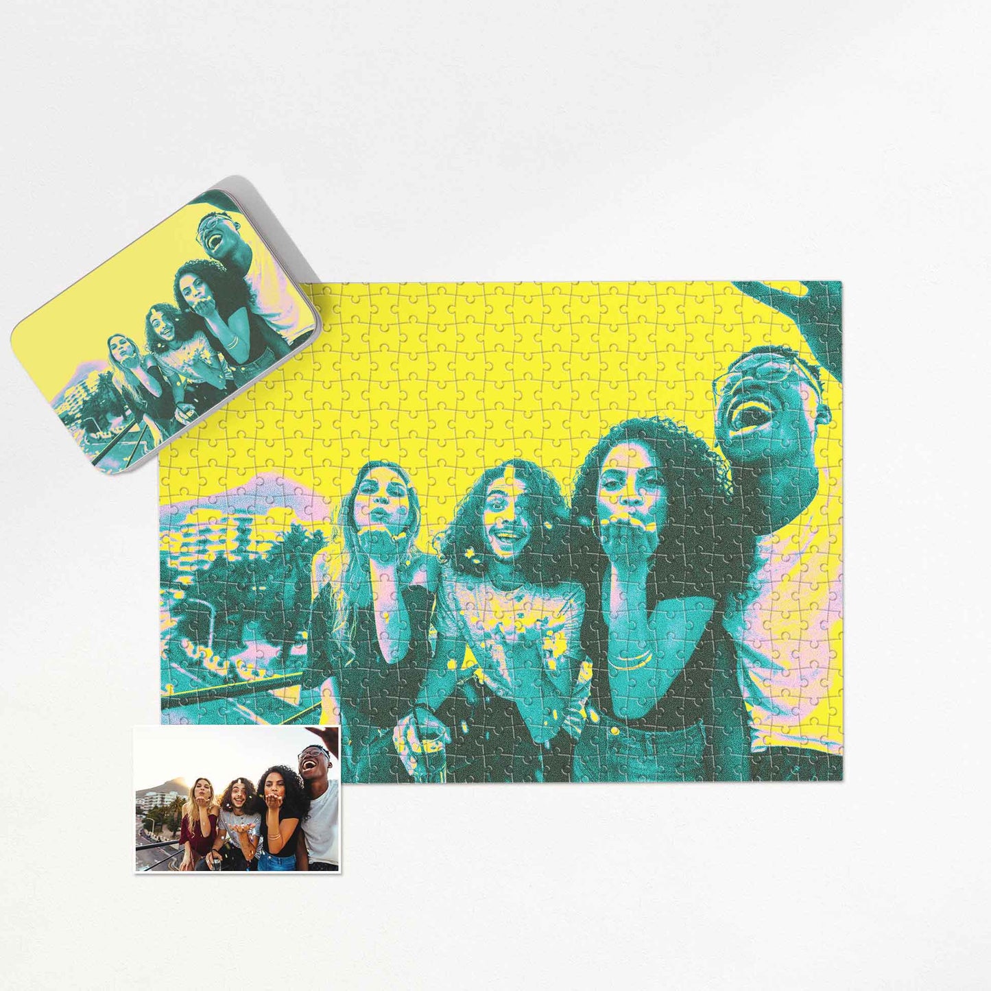 Elevate your gifting with a Personalised Acid Yellow Jigsaw Puzzle. Print from photo in abstract style with texture effect, boasting acid vivid colors and trendy teal hues. Handmade and cool, it's a modern and beautiful gift idea for family, friends