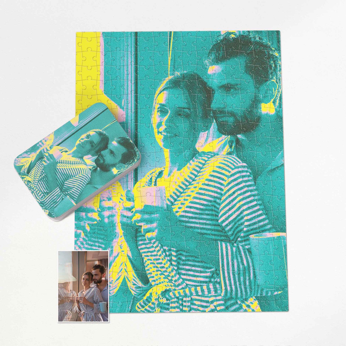 Customize your memories with a Personalised Acid Yellow Jigsaw Puzzle. Print from photo in abstract style, showcasing texture effect and acid vivid colors with refreshing teal hues. Handmade and modern, it's a beautiful and cool gift for family