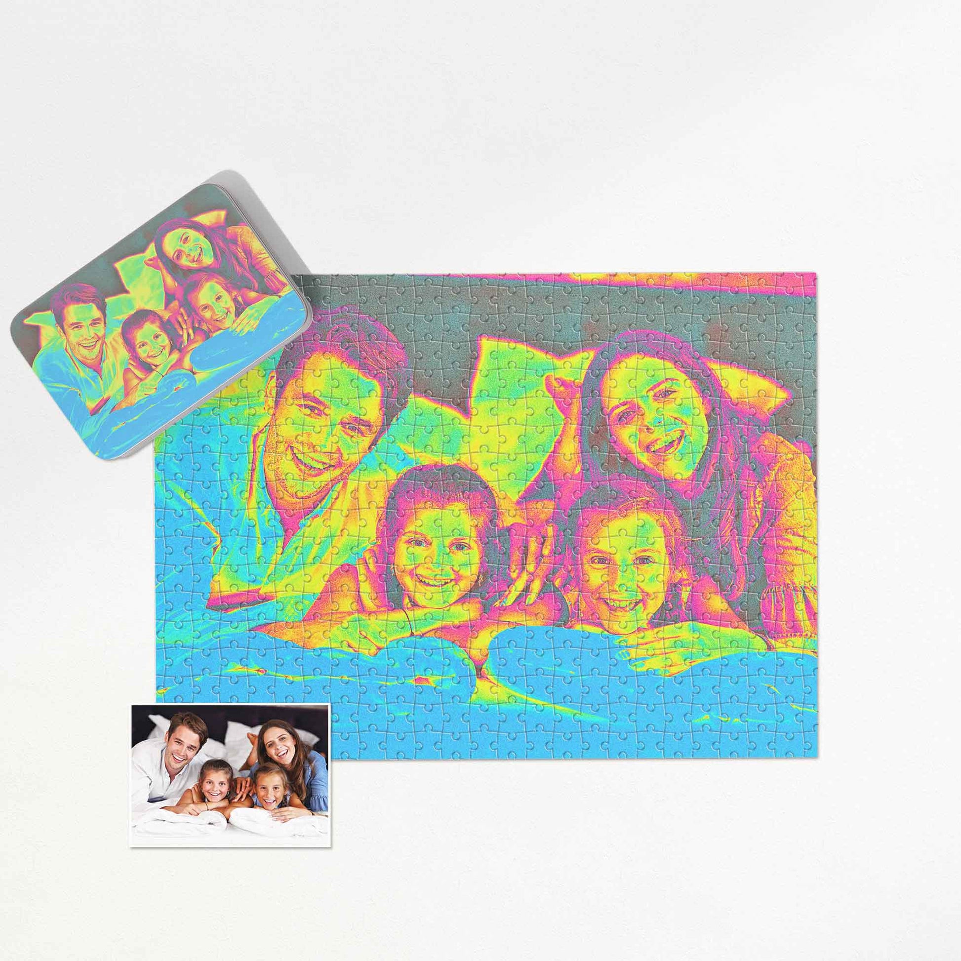 Experience an artistic journey with our Personalised Acid Trip Jigsaw Puzzle. Print from photo, showcasing edgy acid colors effect in blue, green, and pink hues. Handmade and trendy, it's a unique gift for friends and family, perfect for celebrating