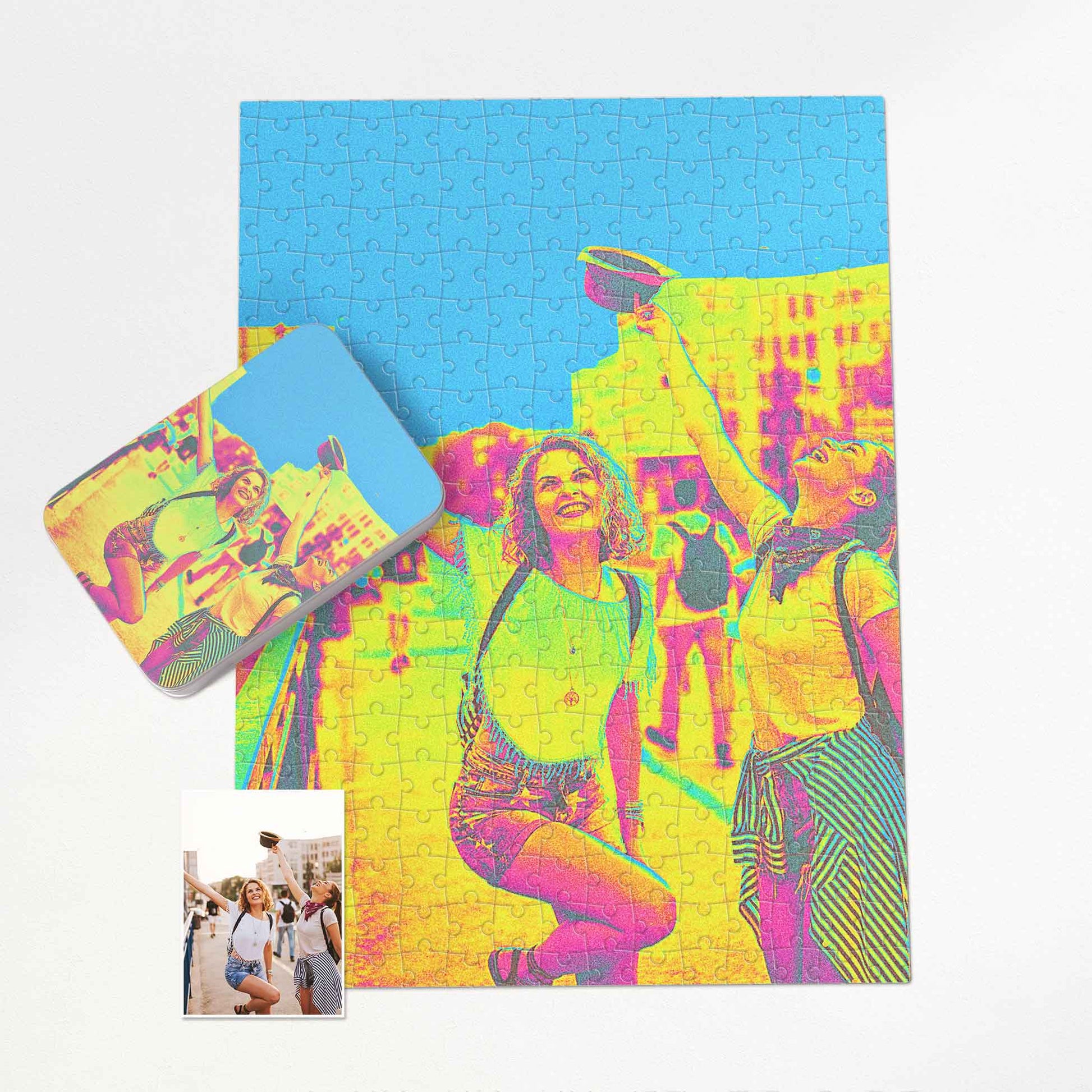 Unleash the extraordinary with our Personalised Acid Trip Jigsaw Puzzle. Print from photo, boasting cool acid colors effect in blue, green, and pink hues. Handmade and trendy, it's a unique and creative gift for friends and family