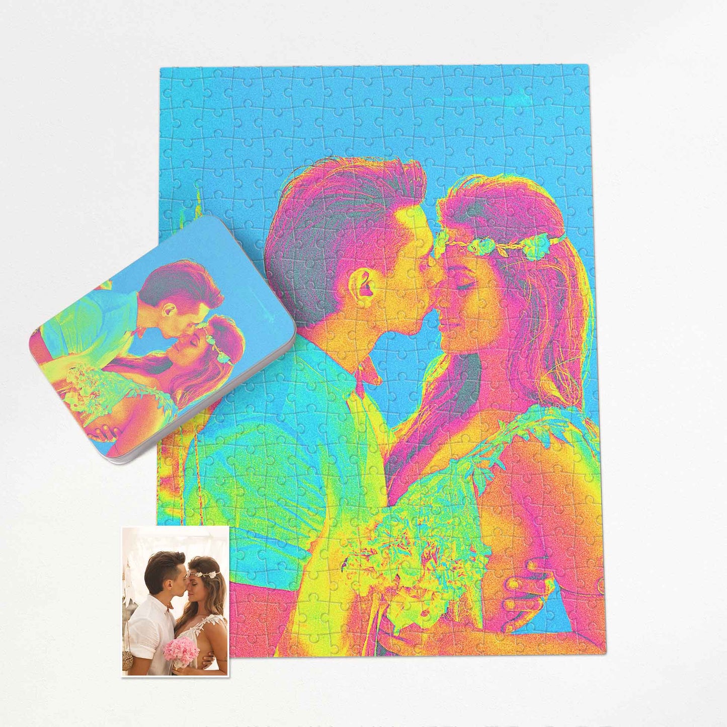 Explore the surreal with our Personalised Acid Trip Jigsaw Puzzle. Print from photo in cool acid colors effect with blue, green, and pink hues. Handmade and edgy, it's a trendy and funky gift for friends and family