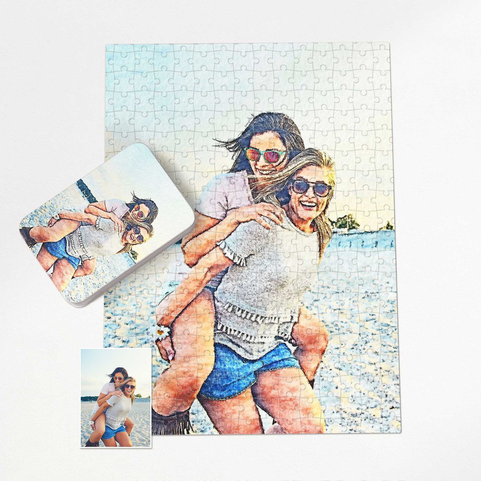 Celebrate with a Personalised Watercolor Jigsaw Puzzle painting. Its watercolour effect showcases vivid colours on a handmade wooden or cardboard puzzle. The dye sublimation print radiates fun, happiness, and excitement, making it a cherished gift