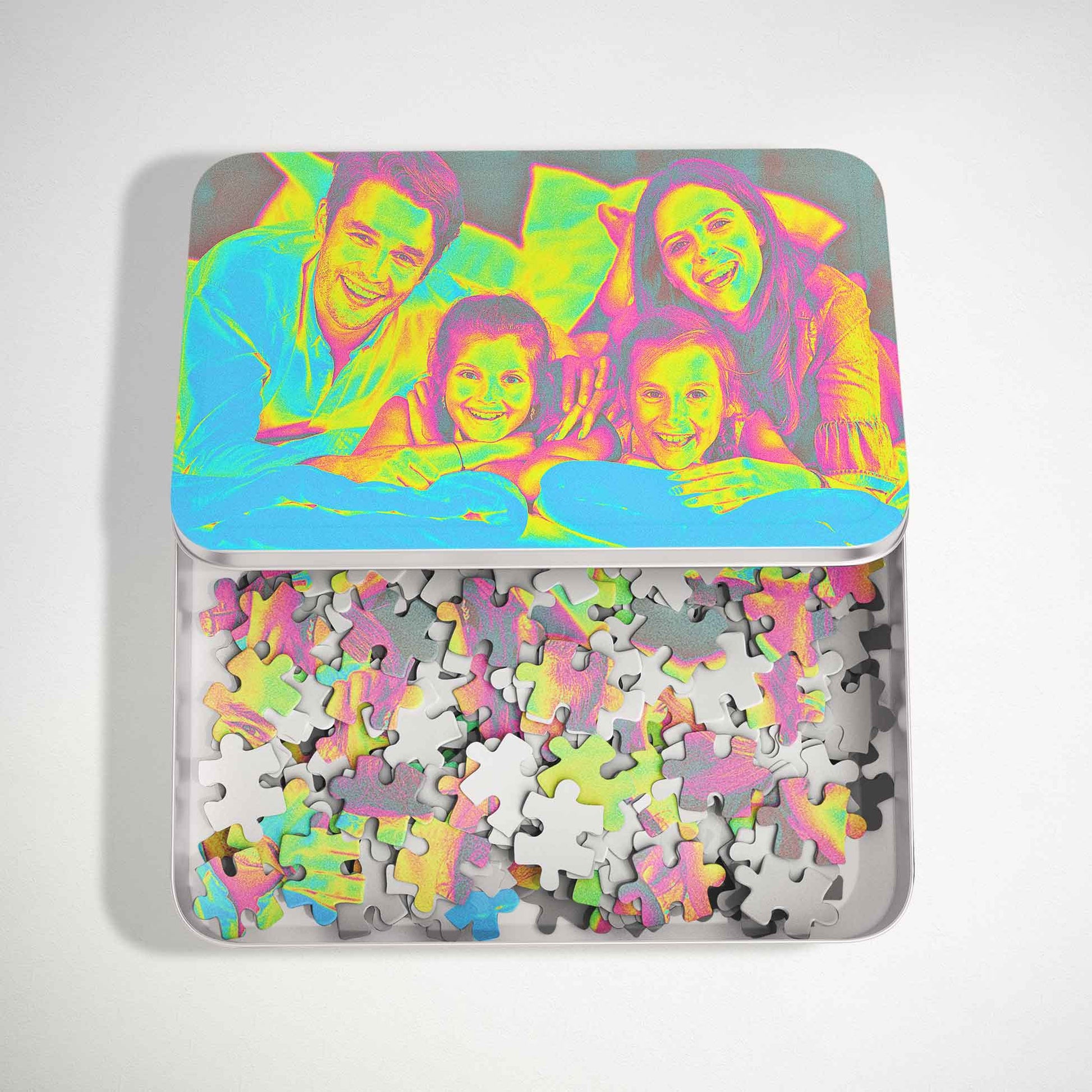 Elevate your gifting with our Personalised Acid Trip Jigsaw Puzzle. Print from photo, showcasing cool acid colors effect in blue, green, and pink hues. Handmade and fresh, it's a unique and edgy gift for friends and family