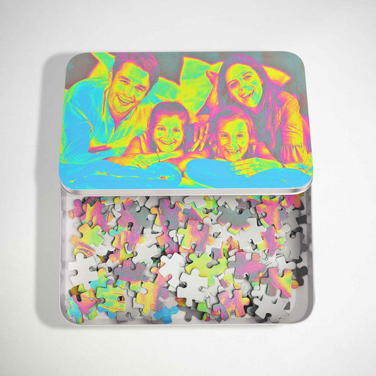 Elevate your gifting with our Personalised Acid Trip Jigsaw Puzzle. Print from photo, showcasing cool acid colors effect in blue, green, and pink hues. Handmade and fresh, it's a unique and edgy gift for friends and family