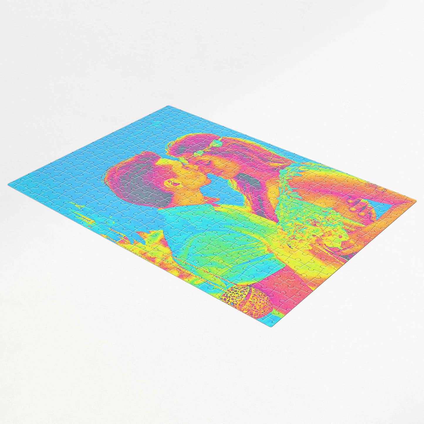 Personalised Acid Trip Jigsaw Puzzle - an imaginative delight. Print from photo, featuring edgy acid colors effect in blue, green, and pink hues. Handmade and trendy, it's a cool and fresh gift for friends and family