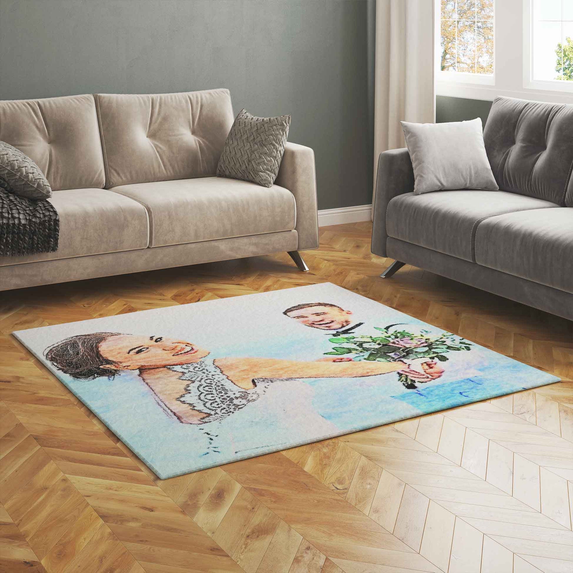 Transform your space with our Personalised Watercolour Photo Rug. Dive into luxury with customisable designs that evoke timeless beauty