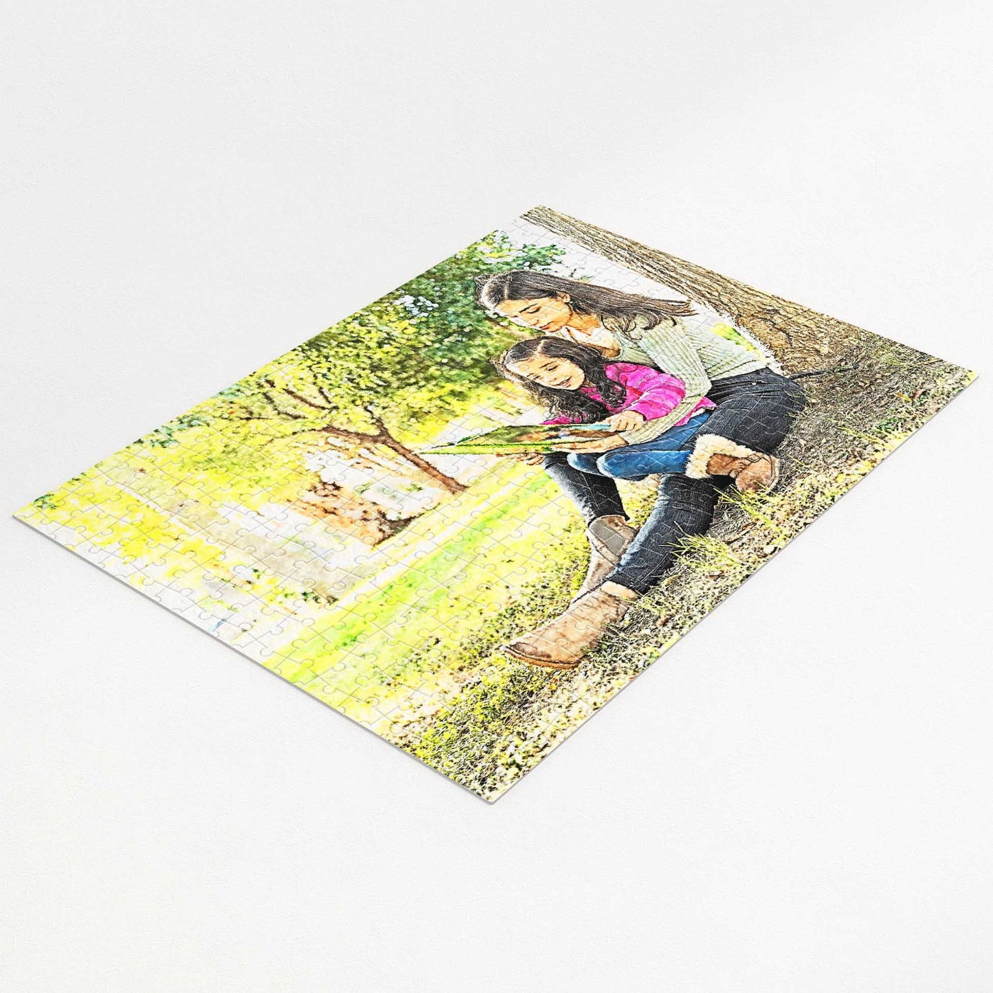 Unleash joy with a Personalised Watercolor Jigsaw Puzzle painting. Its watercolour effect enhances vibrant, vivid colours on a charming handmade wooden or cardboard puzzle. This dye sublimation print embodies fun, happiness, and excitement