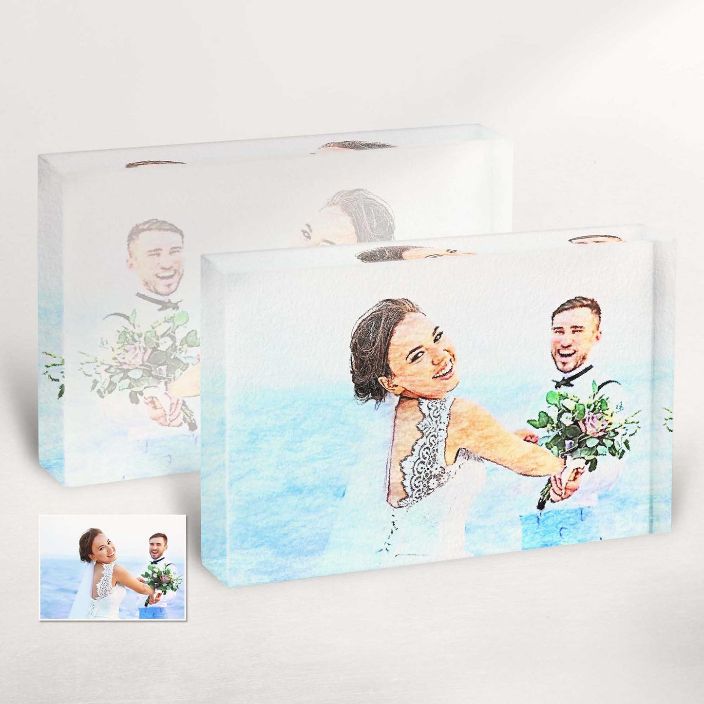 Experience the beauty of our handcrafted acrylic block photos featuring captivating watercolor paintings, meticulously personalized to create cherished keepsakes that preserve your memories in a visually stunning way