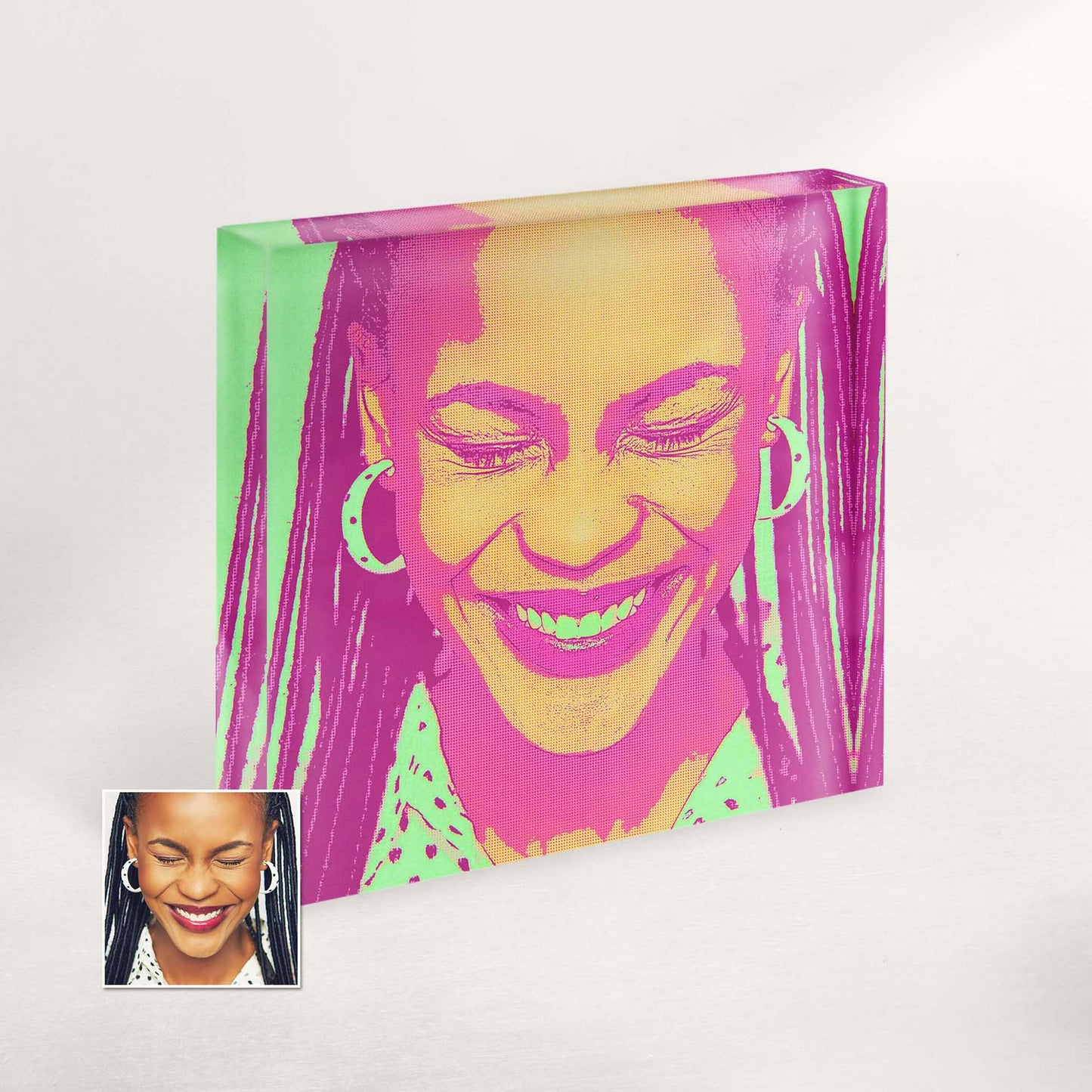 Experience vibrant personalized abstraction in this Pop Art acrylic block photo. A captivating addition to your space, showcasing creativity and unique style. Perfect as a gift or for home decor