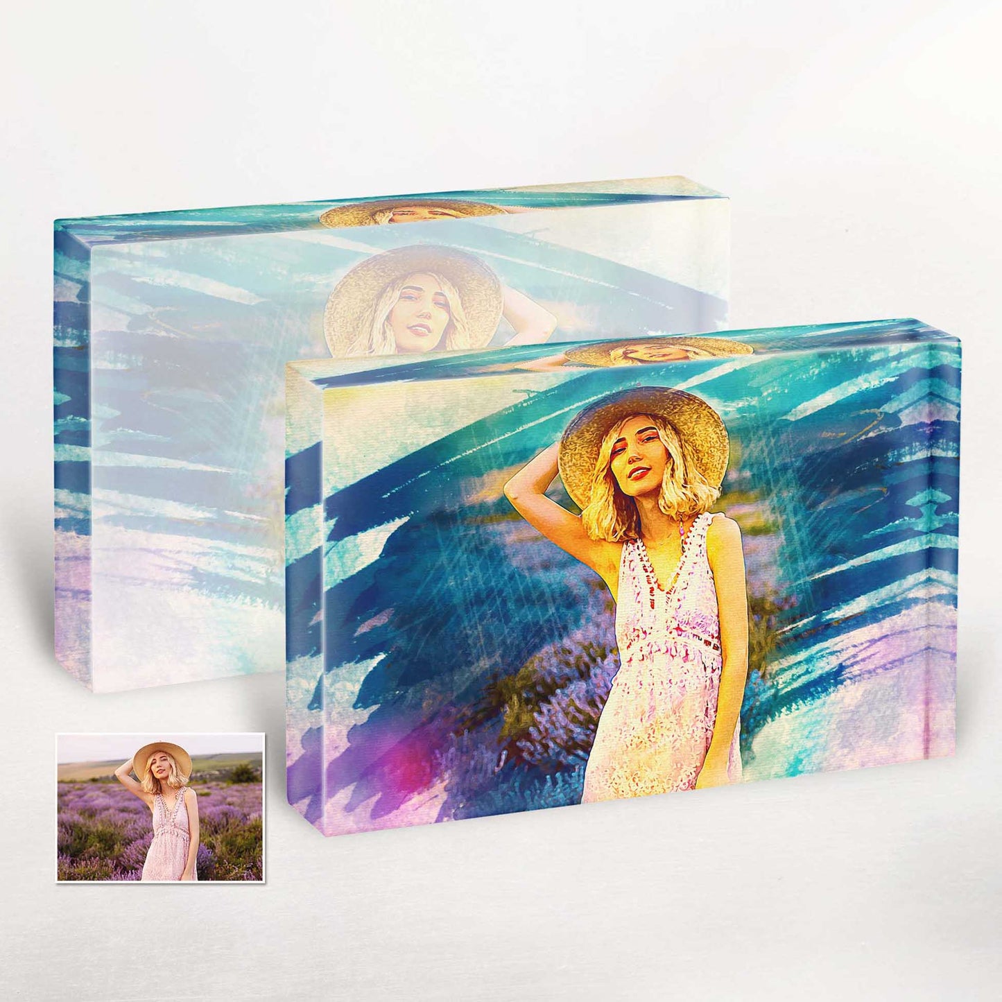 Anniversary Gift: Personalized Artistic Brush Painting Acrylic Block Photo: Commemorate your special day with a personalized watercolor-inspired acrylic block photo. Its cool and colorful aesthetic