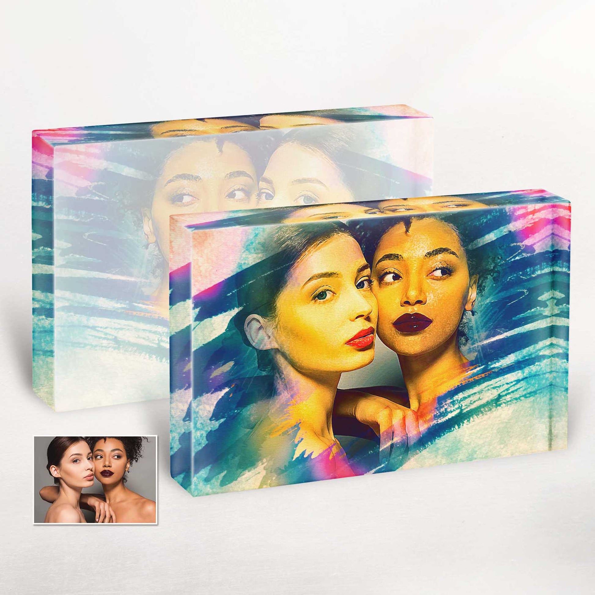 Home Decor Statement: Personalized Artistic Brush Painting Acrylic Block Photo: Make a statement in your home decor with our unique watercolor-inspired acrylic block photo. Its cool and colorful