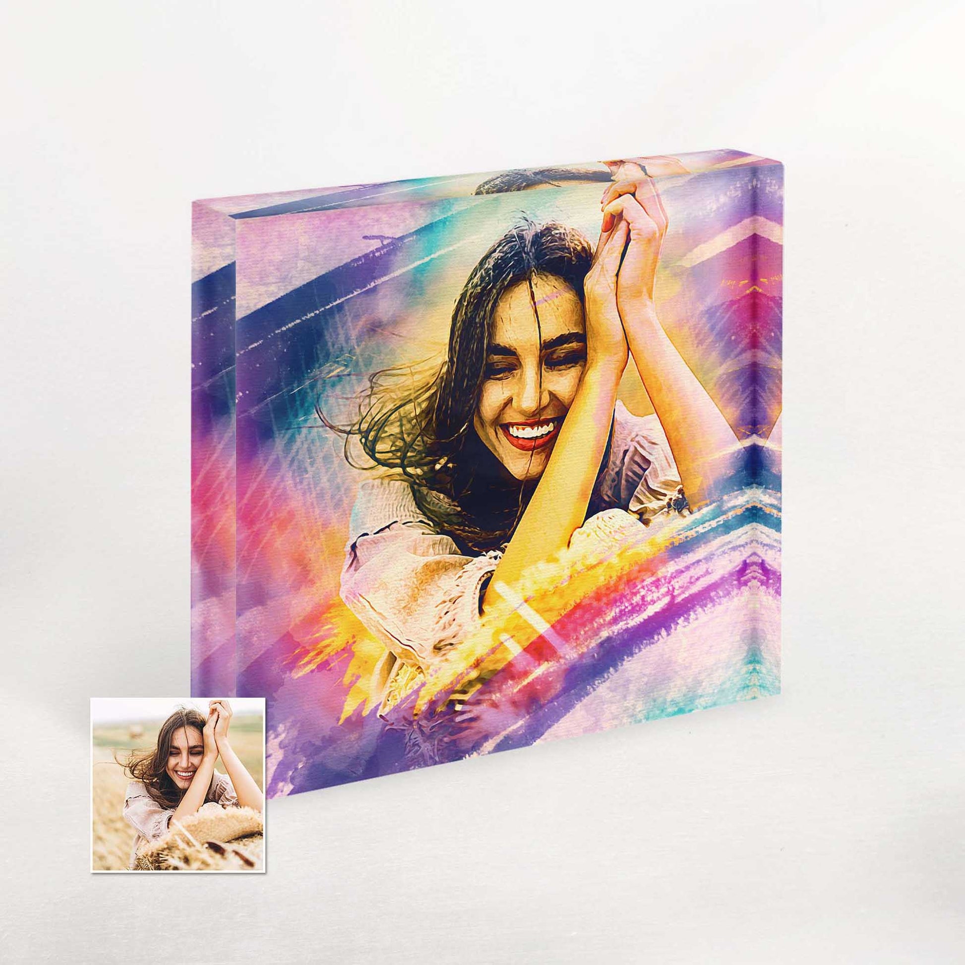 Unique and Vibrant: Personalized Artistic Brush Painting Acrylic Block Photo: From your photo, our skilled artists create a one-of-a-kind watercolor-inspired acrylic block photo. Its cool and colorful design