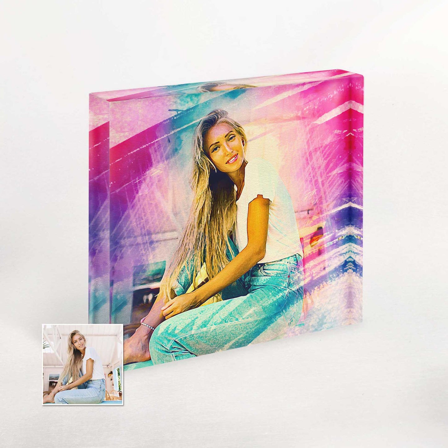 Cool and Colorful: Personalized Artistic Brush Painting Acrylic Block Photo: Add a touch of artistic elegance to your space with our cool and colorful watercolor-inspired acrylic block photo. Created from your photo