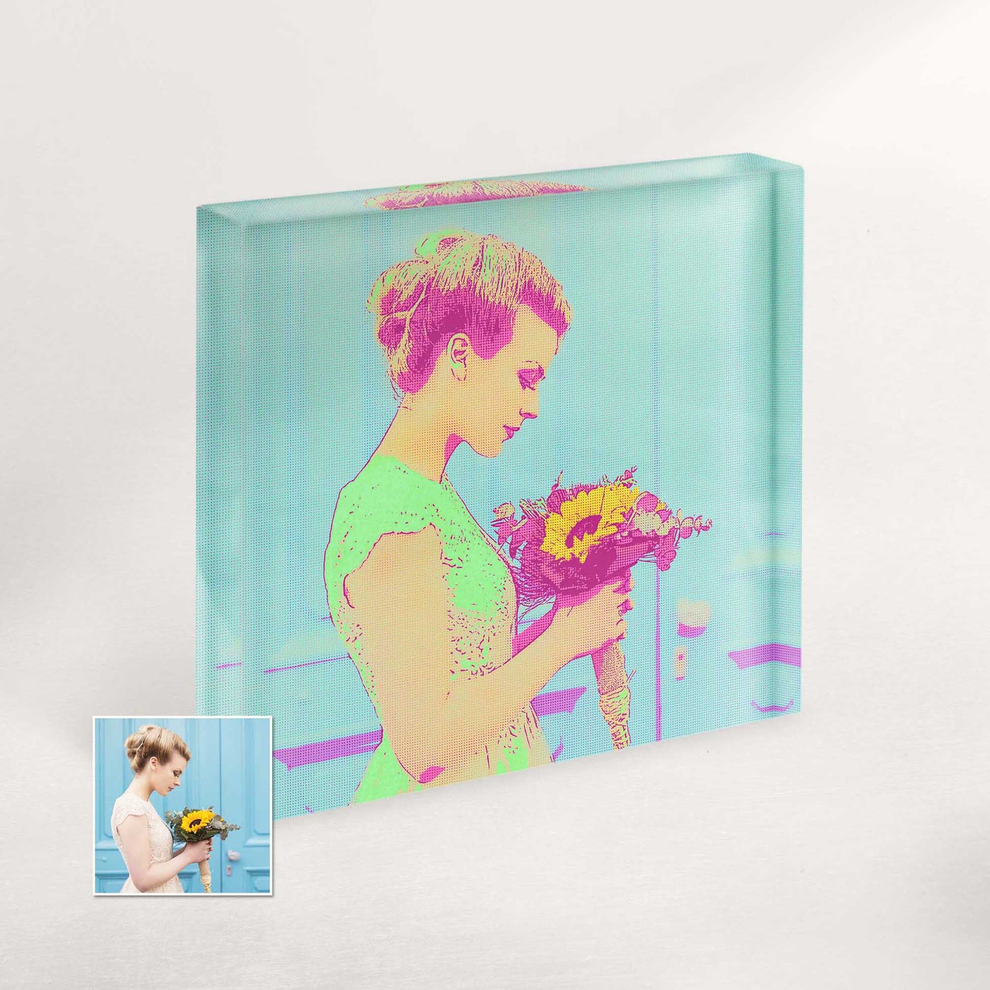 Add a burst of color to your space with this personalized abstraction painter's Pop Art acrylic block photo. Expressive and captivating, it's a statement piece that captures attention and imagination