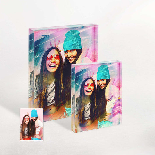Personalized Artistic Brush Painting Acrylic Block Photo: Transform your photo into a cool and colorful watercolor-inspired masterpiece. Each brushstroke brings vibrancy and uniqueness to the acrylic block photo