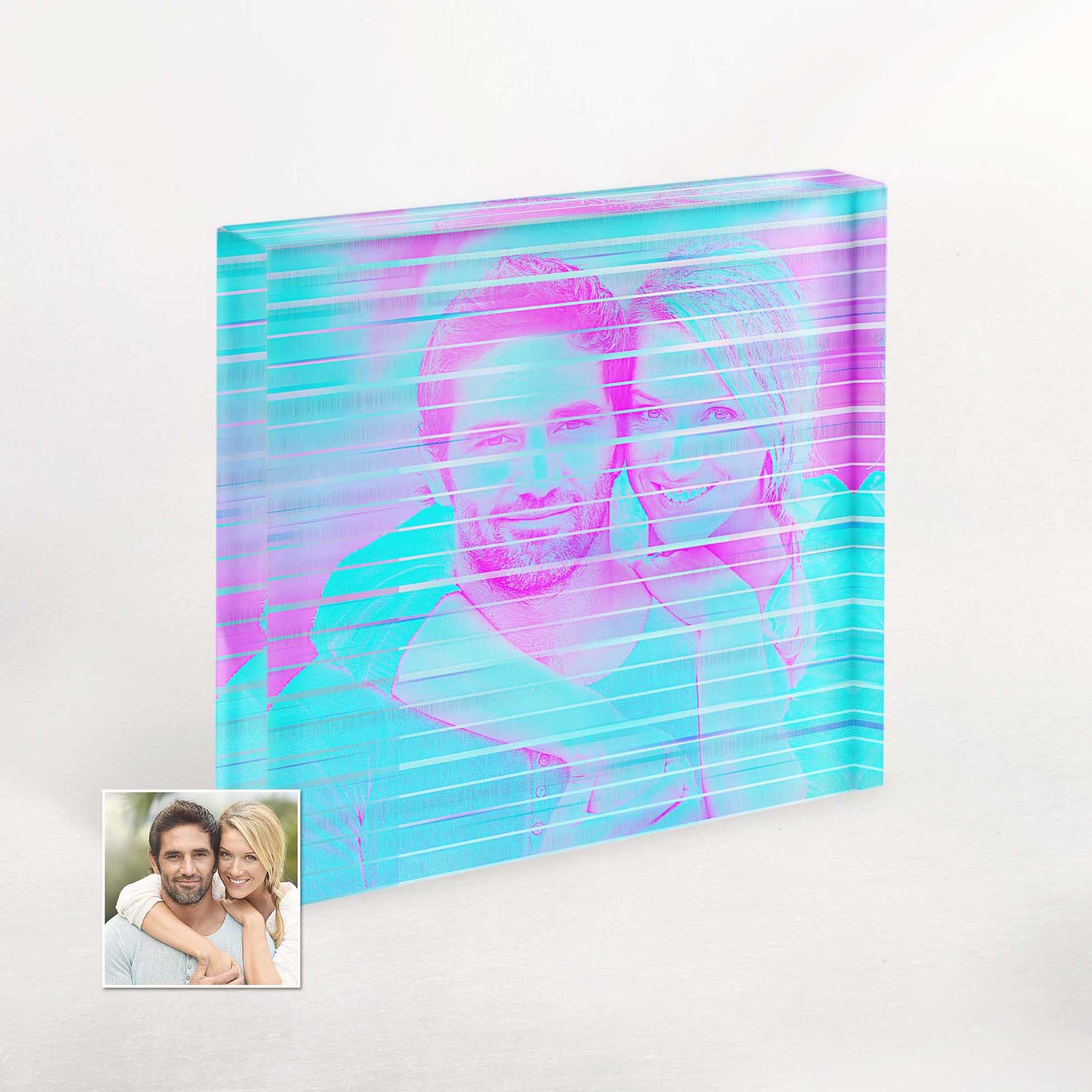 Creative and Modern: Personalised Purple and Blue Signal Acrylic Block Photo. Transform your space with a stylish and trendy gift. The vibrant purple and blue design adds a unique and modern touch to any decor.
