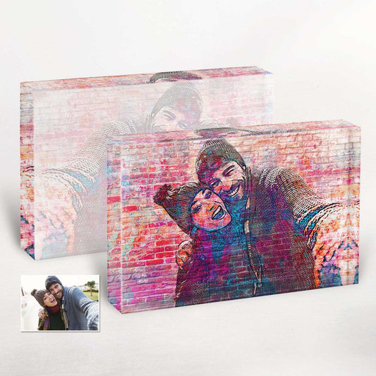Surprise your loved ones with a personalised brick graffiti art acrylic block photo. Ideal for anniversaries, birthdays, or as a gift for friends, this modern home decor piece brings urban flair and a touch of personalization to any space.